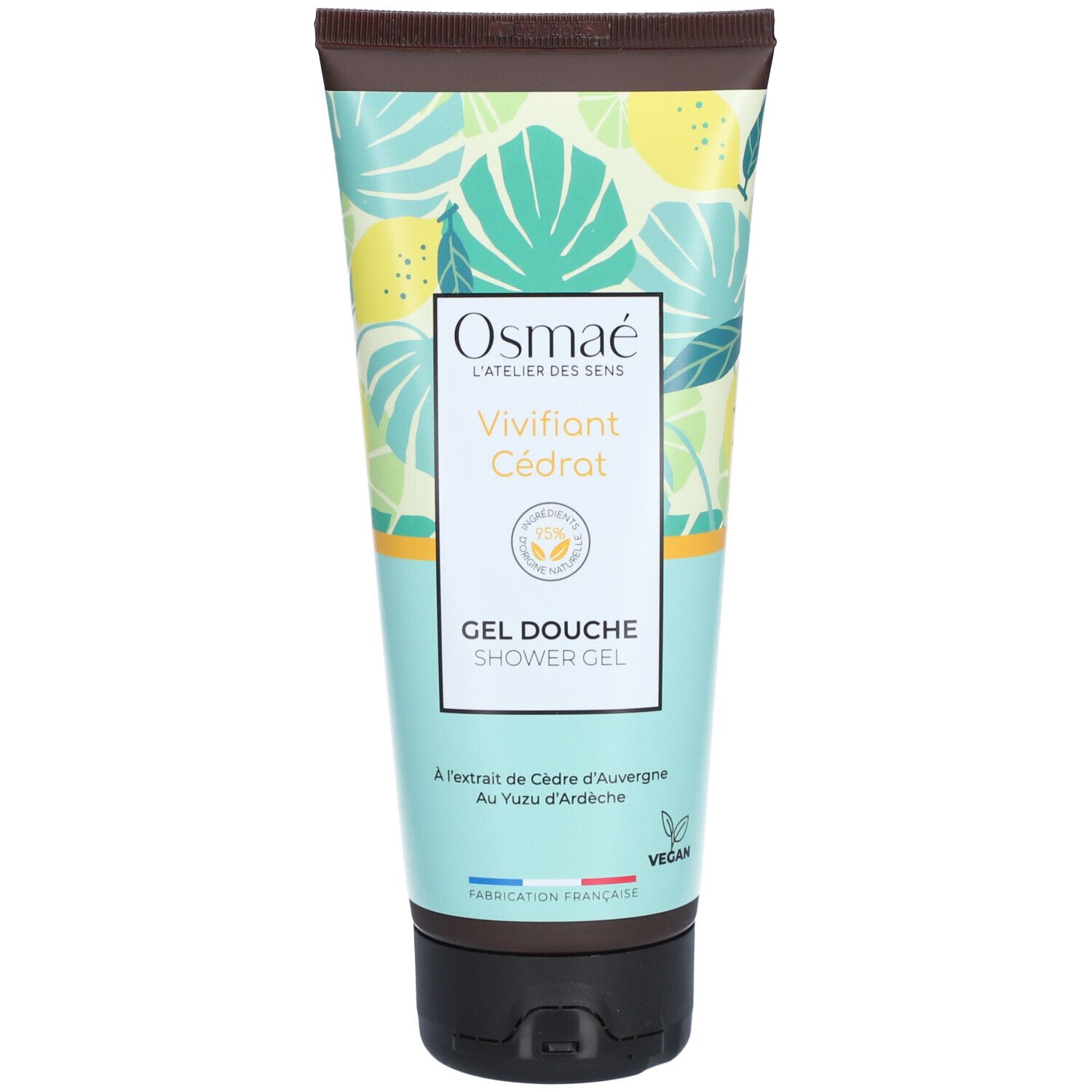 Tube de gel douche Osmaé. Motif floral. Inscription "Vivifiant Cédrat". Label Vegan.