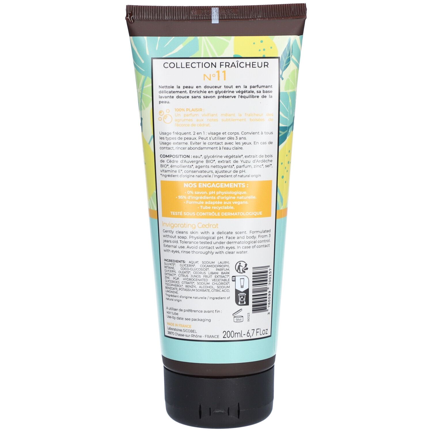 Dos du tube de gel douche Osmaé. Texte avec ingrédients et instructions. 200ml.