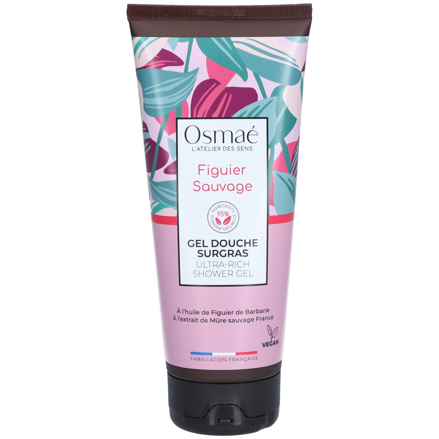 Tube de gel douche Osmaé Figuier Sauvage. Motif floral, nom du produit et informations. Label végan.