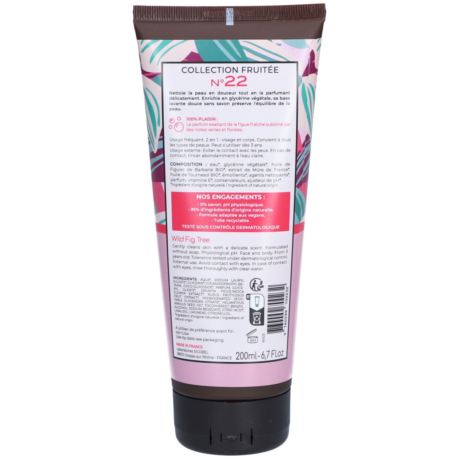 Dos du tube de gel douche Osmaé. Texte avec informations produit, ingrédients et fabricant. 200ml.