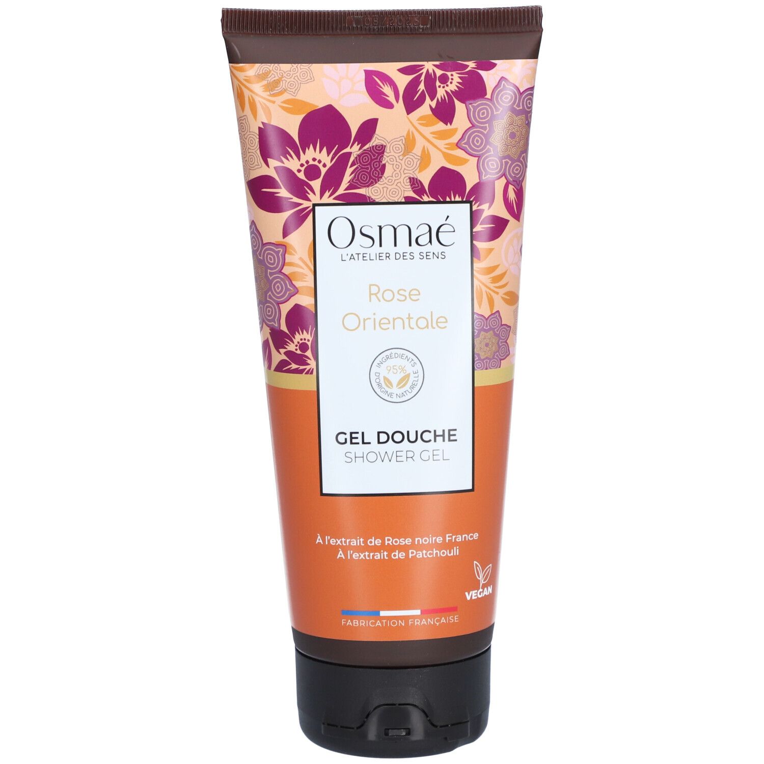 Tube de gel douche Osmaé Rose Orientale. Motif floral, bouchon marron. Inscriptions "Rose Orientale" et "Gel Douche" visibles.