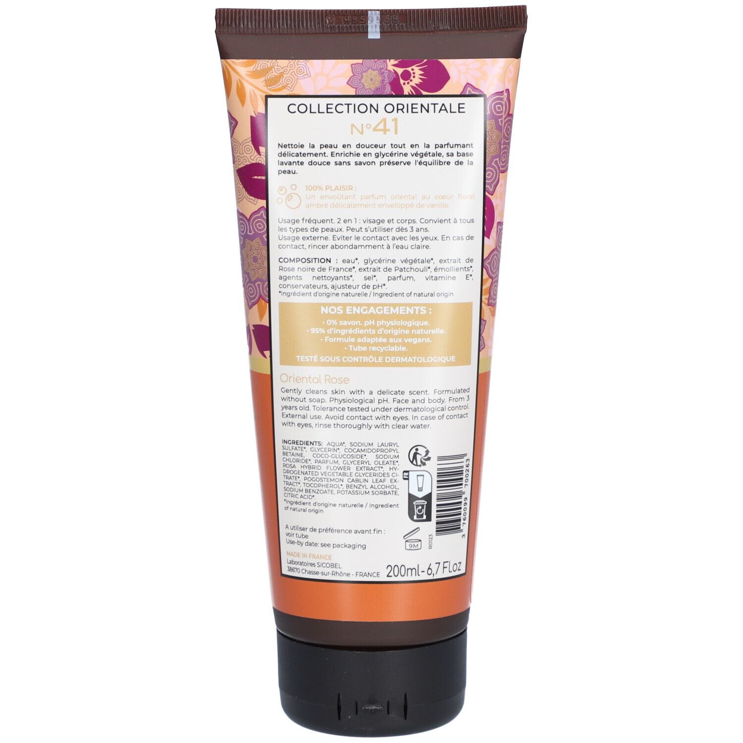 Dos du gel douche Osmaé Rose Orientale. Texte et ingrédients. Bouchon marron. "Collection Orientale" visible.