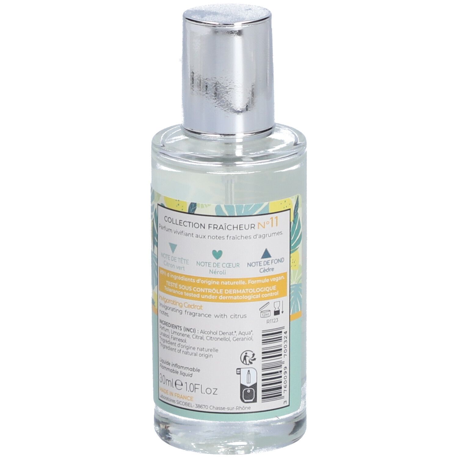 Flacon avec texte. Inscription: Collection Fraîcheur, notes d'agrumes. Ingrédients. 30ml. Label Vegan. Vaporisateur argenté.