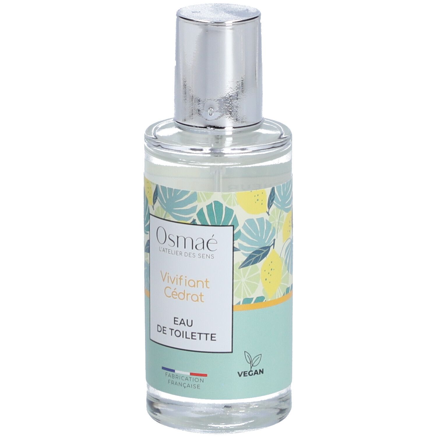 Flacon en verre avec vaporisateur argenté. Inscription: Osmaé, Vivifiant Cédrat, Eau de Toilette. Motif vert et jaune. Label Vegan.