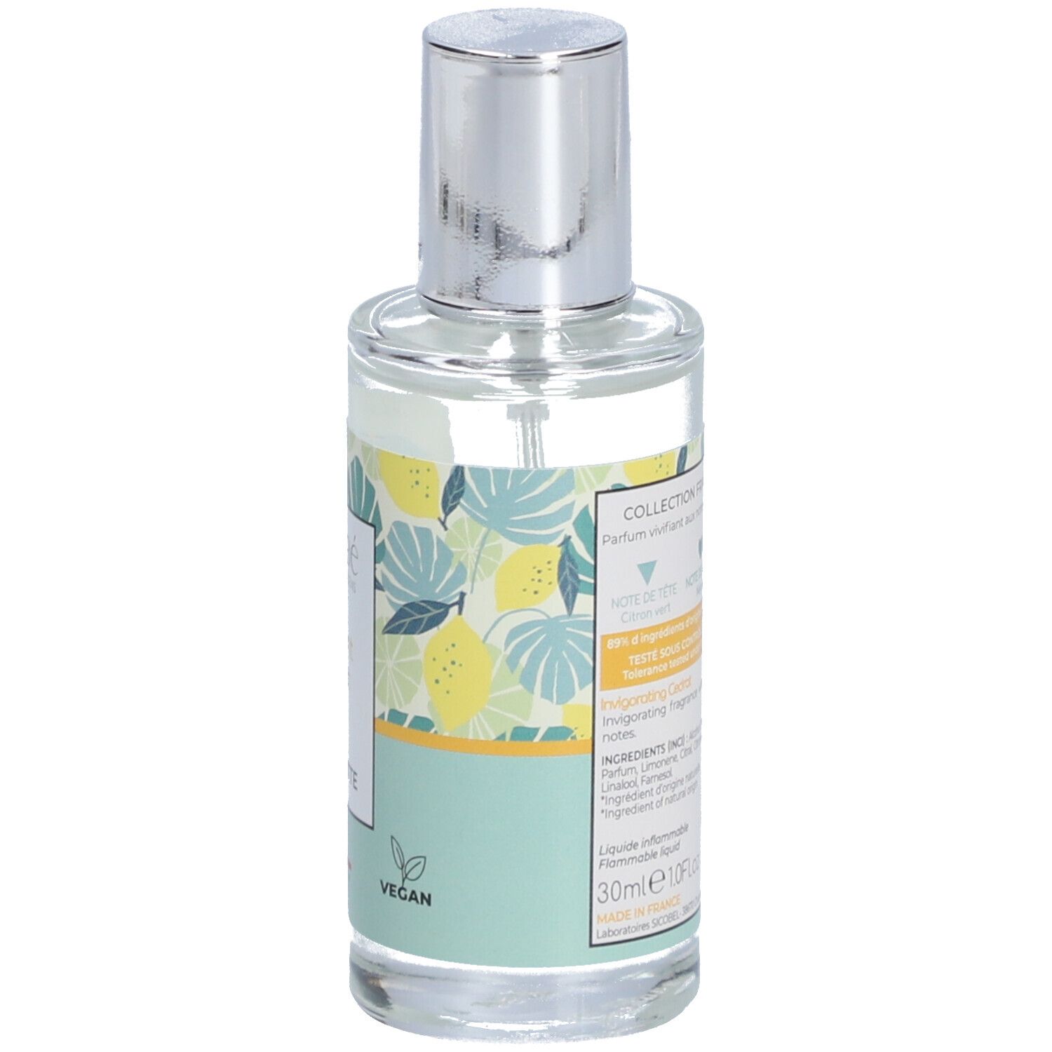 Flacon avec texte. Inscription: Collection Fraîcheur, notes d'agrumes. Ingrédients. 30ml. Label Vegan. Vaporisateur argenté.