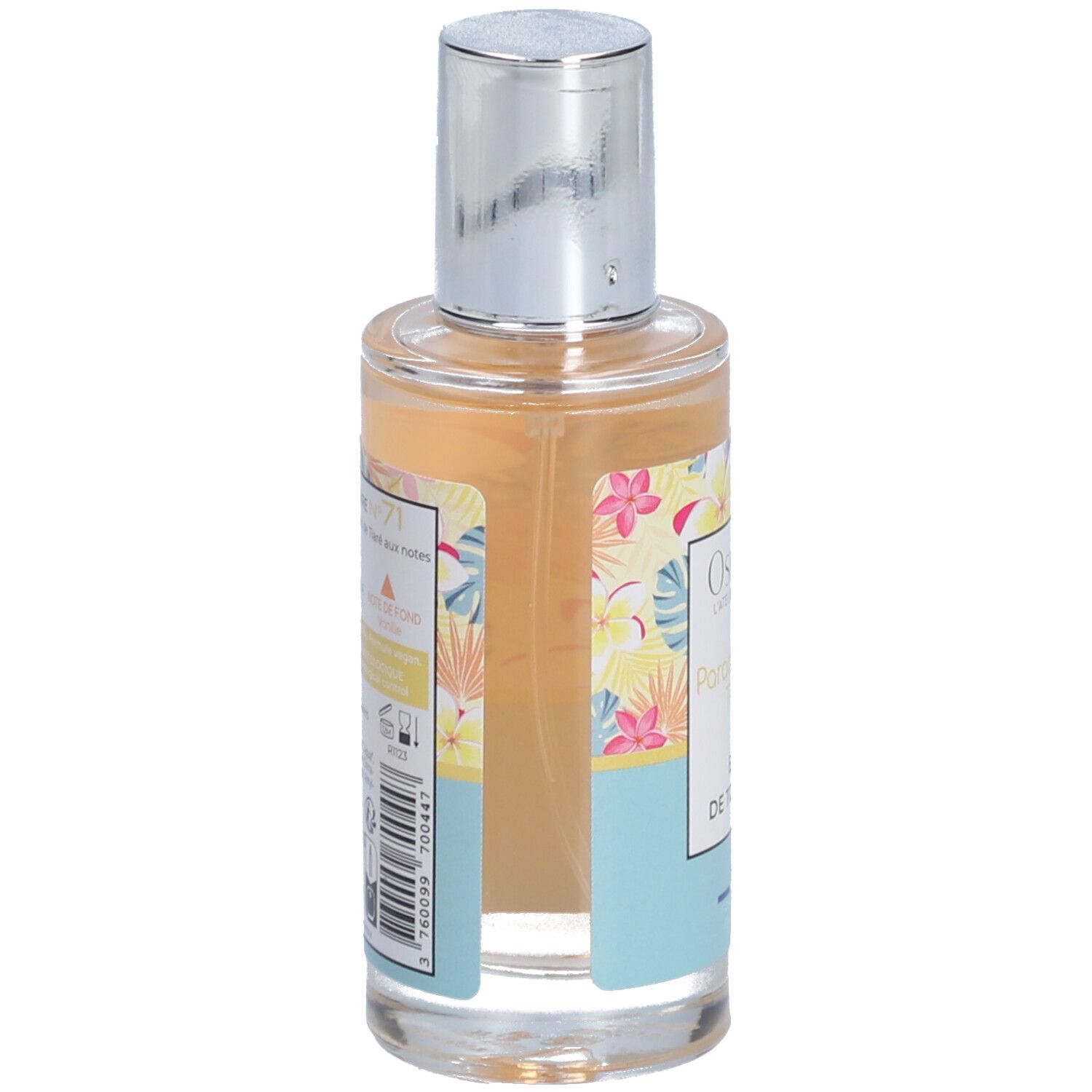 Parfümflasche, Rückansicht. Aufschrift: Osmaé, Paradisiaque Tiaré, Eau de Toilette. Barcode und Informationen.