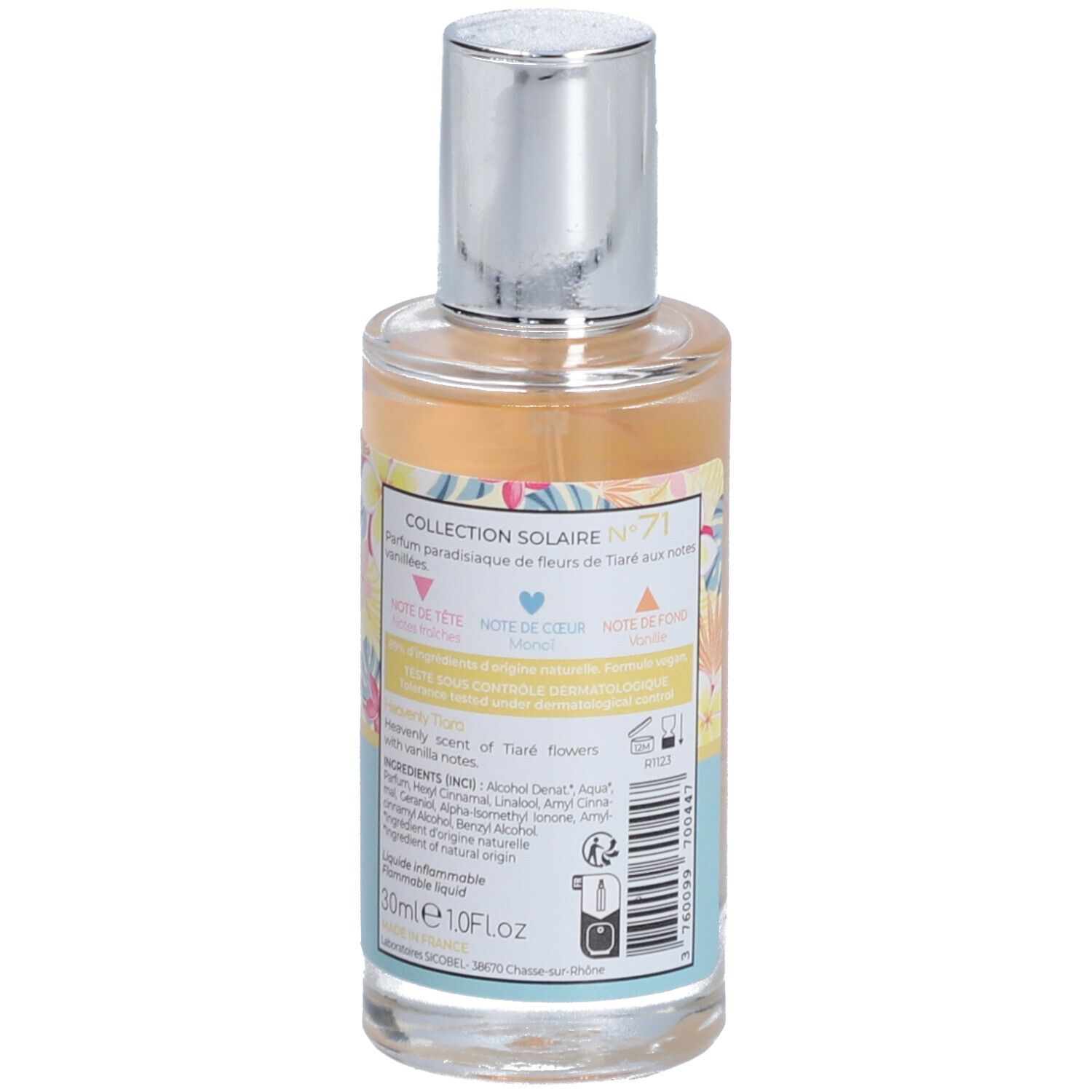 Parfümflasche, Rückansicht. Aufschrift: Collection Solaire #71, Inhaltsstoffe, 30ml, 1.0 fl oz. Vegan-Logo.