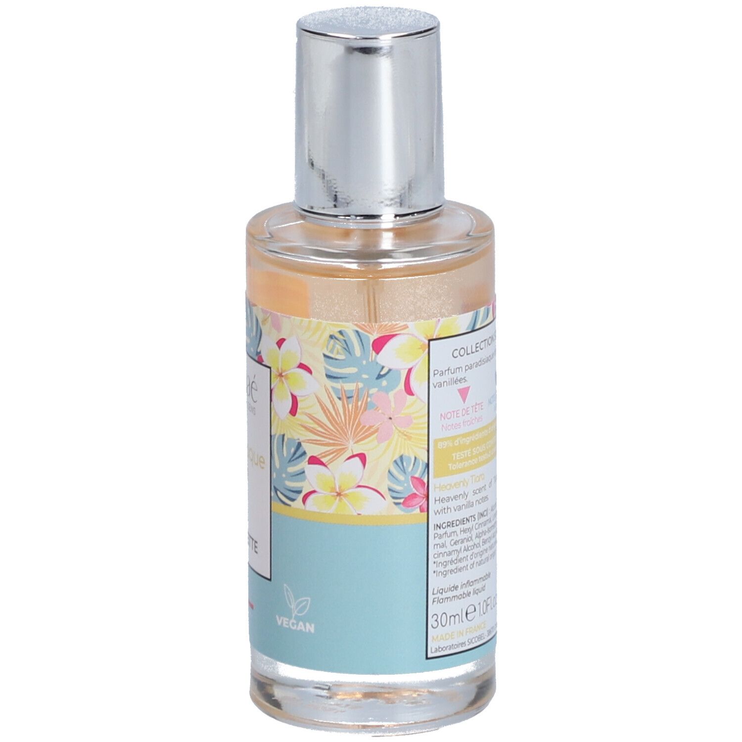 Parfümflasche, Rückansicht. Aufschrift: Collection Solaire #71, Inhaltsstoffe, 30ml, 1.0 fl oz. Vegan-Logo.