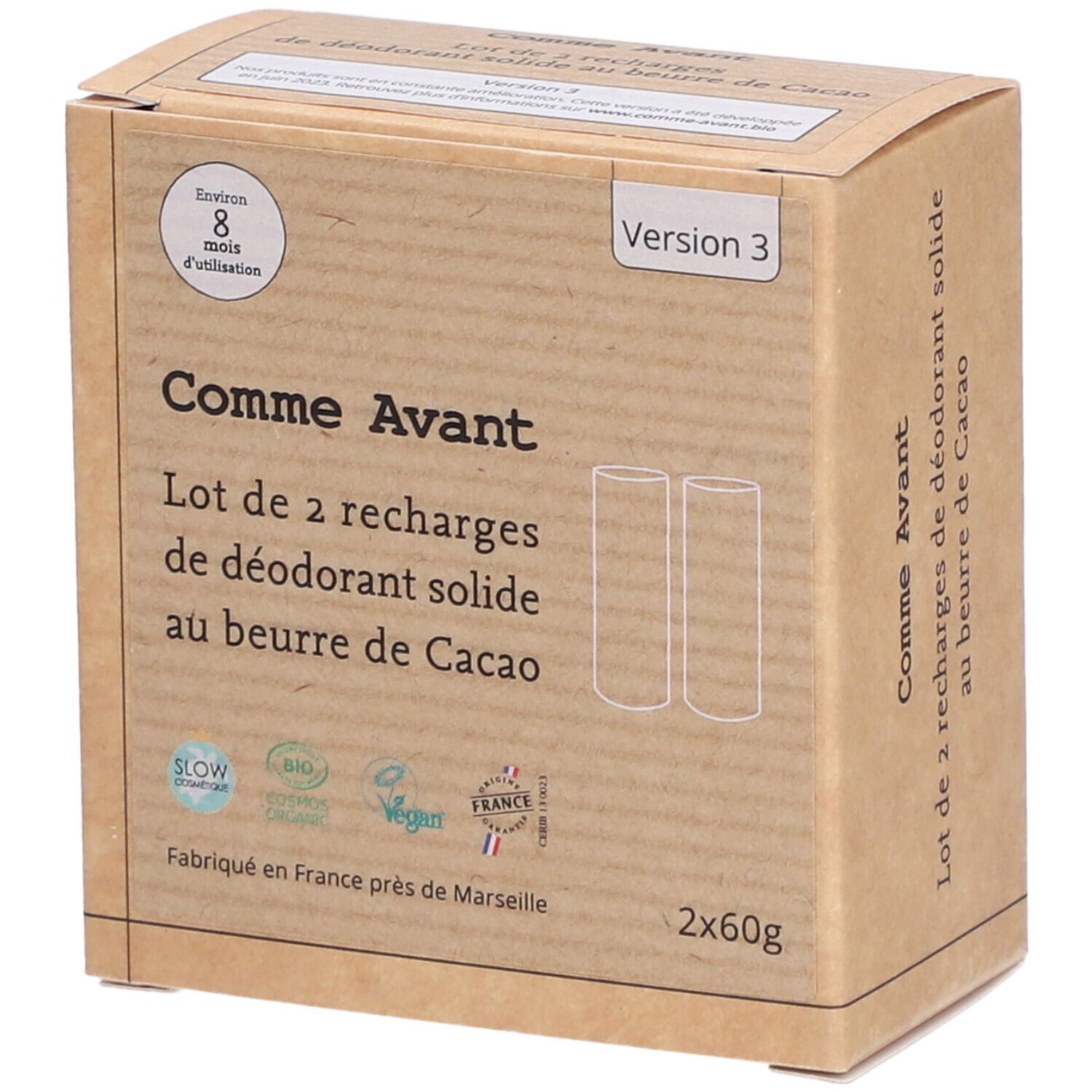 Boîte en carton avec inscriptions. Contient deux recharges de déodorant. Inscriptions: Comme Avant, Bio, Vegan, Fabriqué en France.