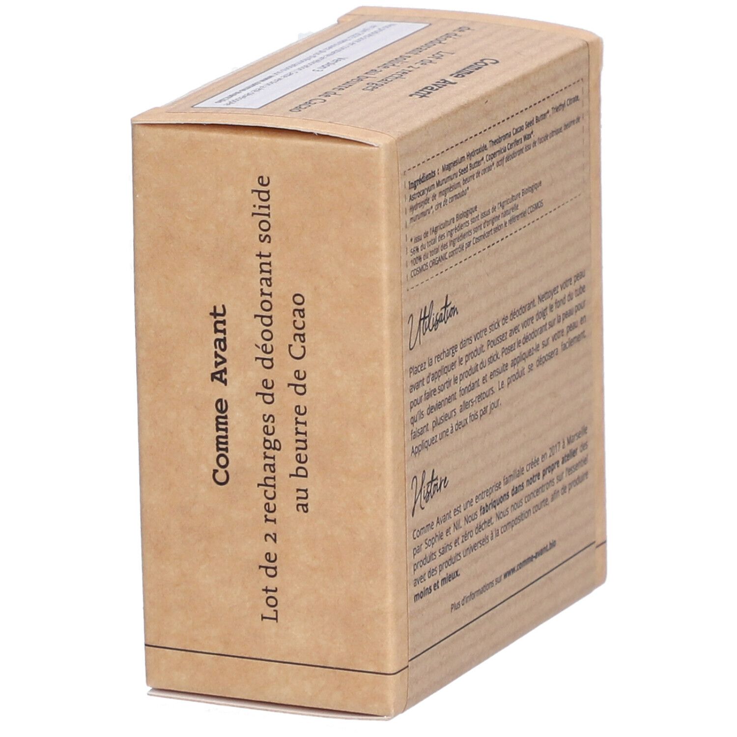 Boîte en carton avec inscriptions. Contient deux recharges de déodorant. Inscriptions: Comme Avant, Bio, Vegan, Fabriqué en France.