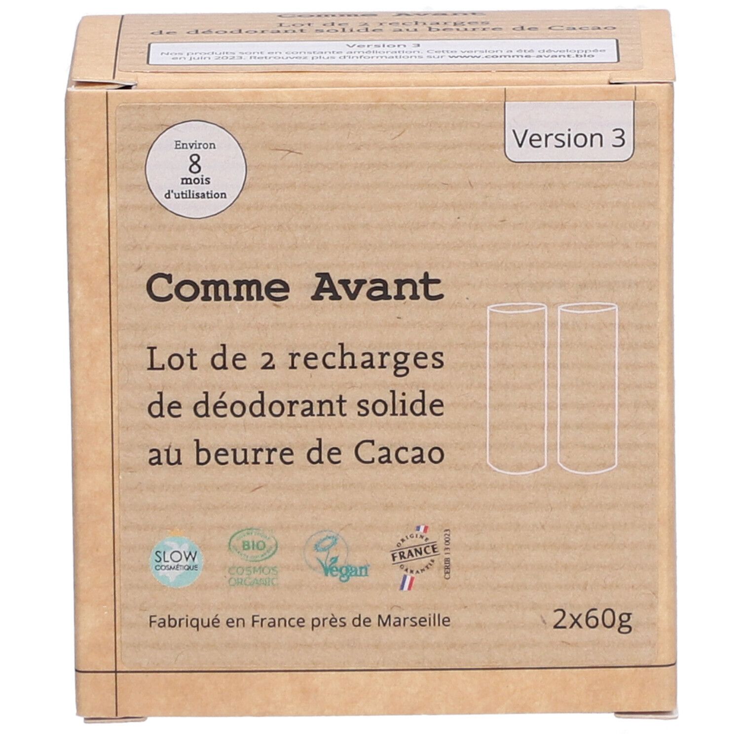 Boîte en carton avec inscriptions. Contient deux recharges de déodorant. Inscriptions: Comme Avant, Bio, Vegan, Fabriqué en France.