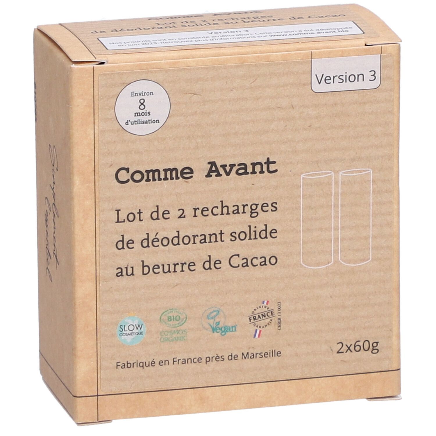 Boîte en carton avec inscriptions. Contient deux recharges de déodorant. Inscriptions: Comme Avant, Bio, Vegan, Fabriqué en France.