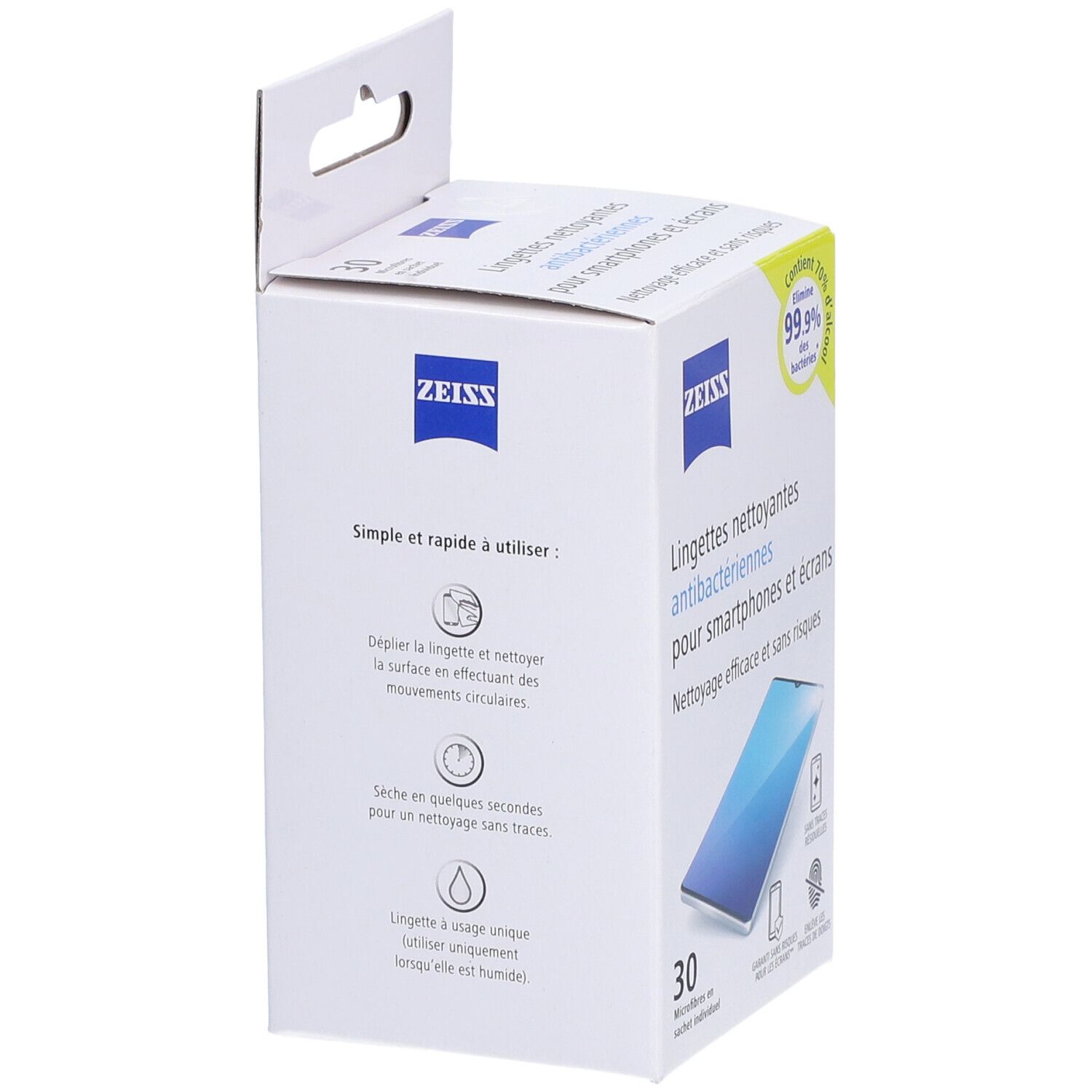 Boîte ZEISS de lingettes nettoyantes pour smartphones. Contient 30 lingettes. Illustrations d'utilisation et pictogrammes sur la boîte.