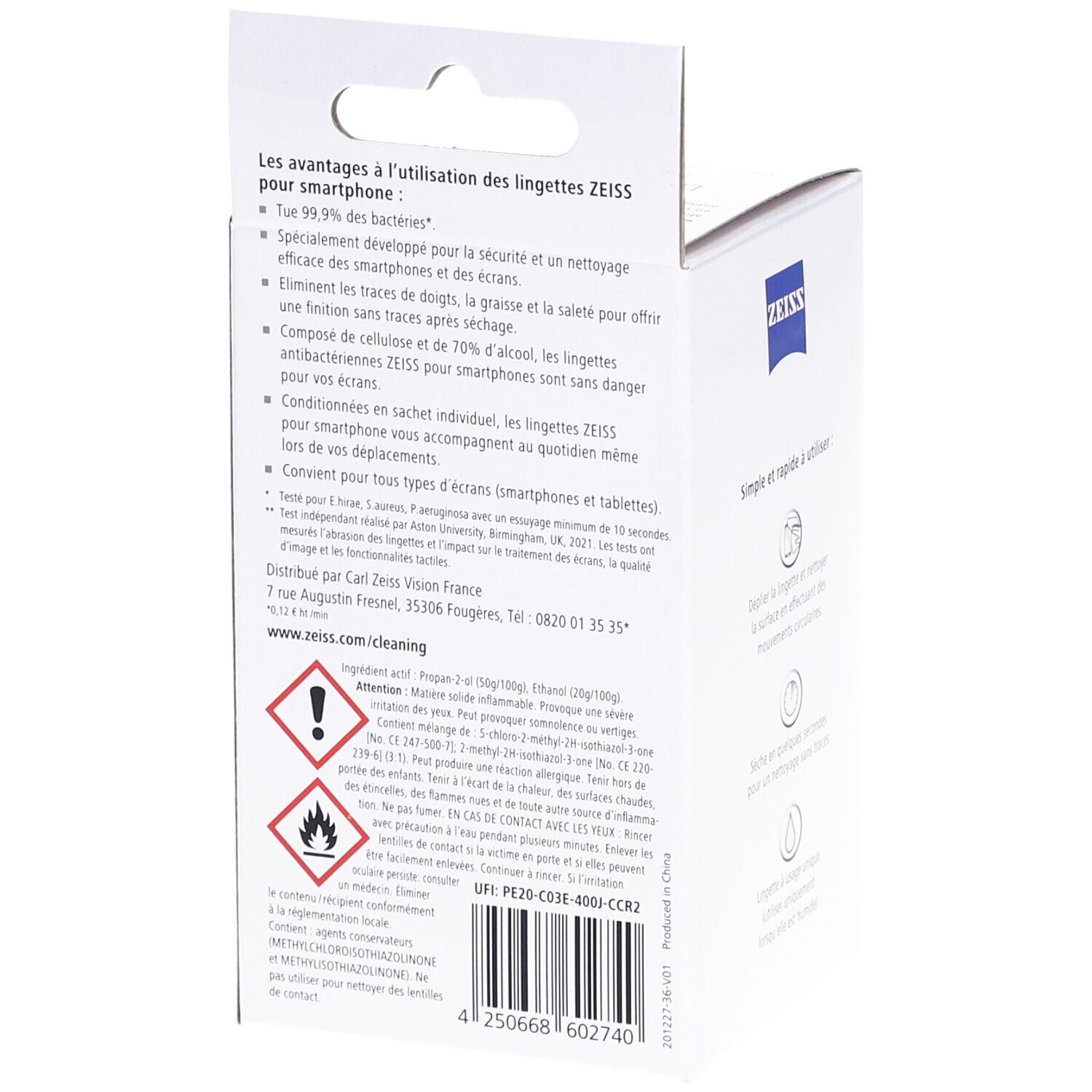 Dos de l'emballage ZEISS avec informations sur les lingettes. Ingrédients, avertissements et coordonnées de contact.
