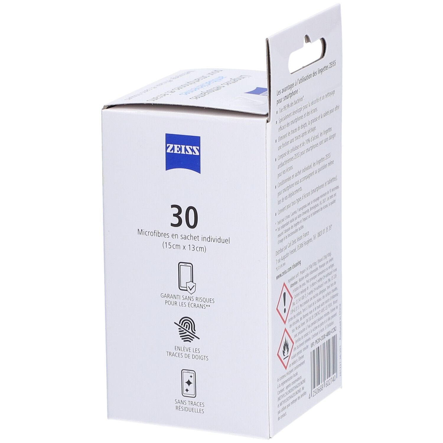 Emballage ZEISS avec 30 microfibres (15cm x 13cm). Pictogrammes pour un nettoyage sûr et l'élimination des traces de doigts.