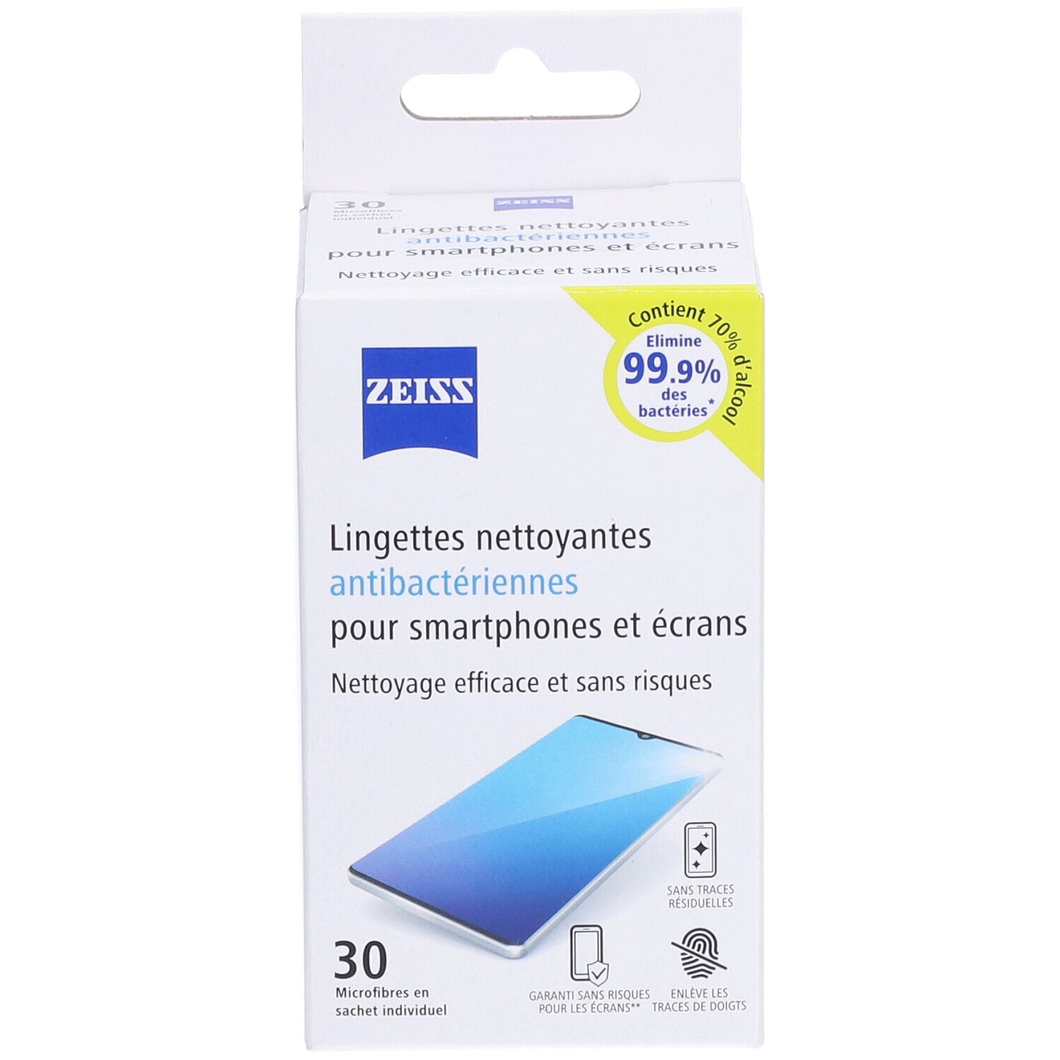Boîte ZEISS de lingettes nettoyantes pour smartphones. Contient 30 lingettes. Illustrations d'utilisation et pictogrammes sur la boîte.