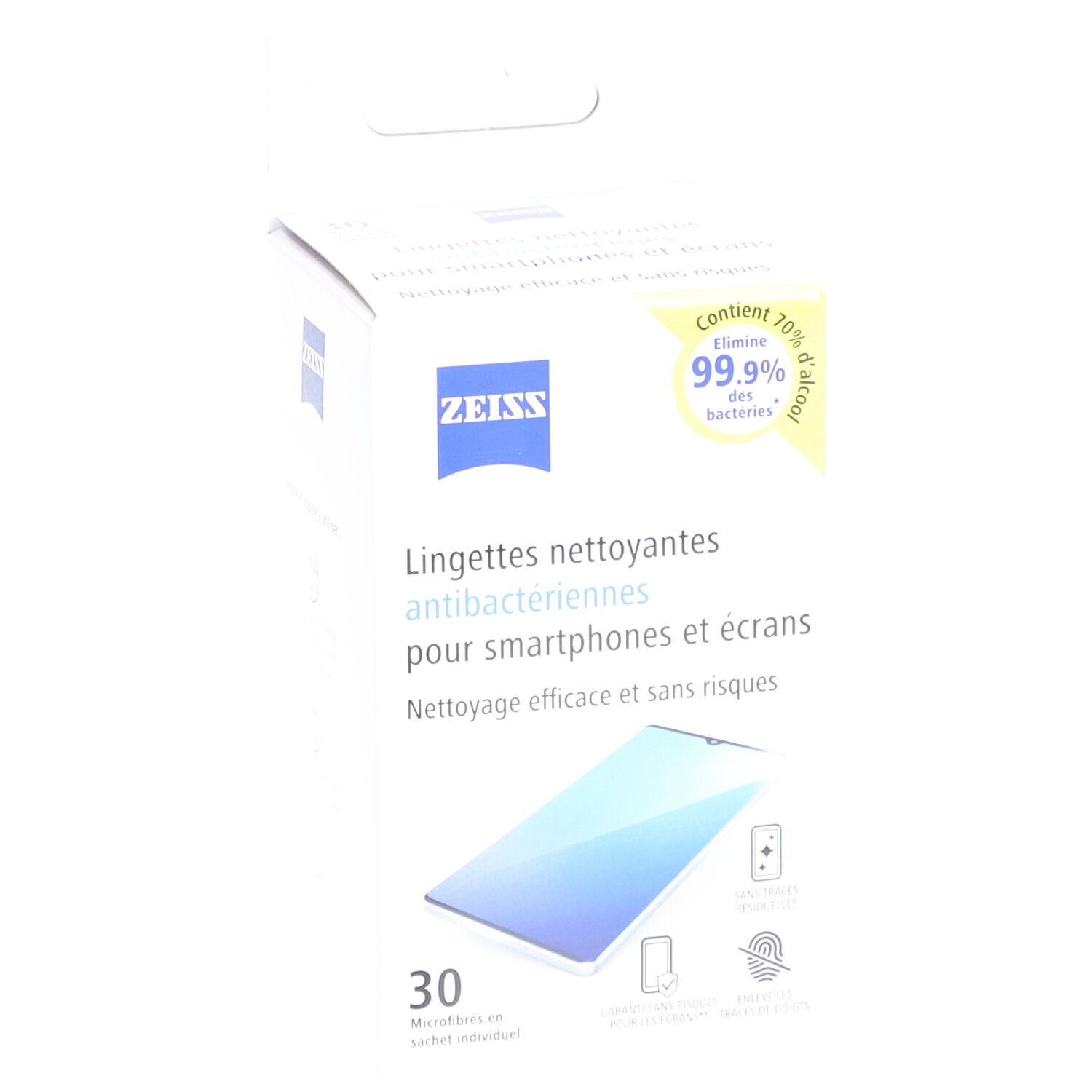Boîte ZEISS de lingettes nettoyantes pour smartphones. Contient 30 lingettes. Illustrations d'utilisation et pictogrammes sur la boîte.