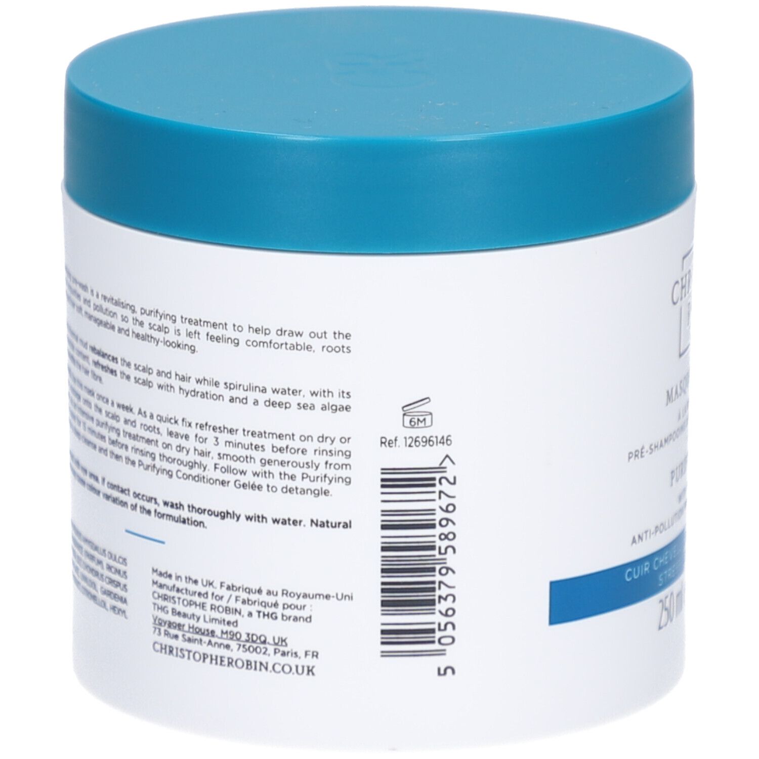 Rückseite des weißen Tiegels mit blauem Deckel. Text und Barcode. Angaben zur Herstellung und Inhaltsstoffen.