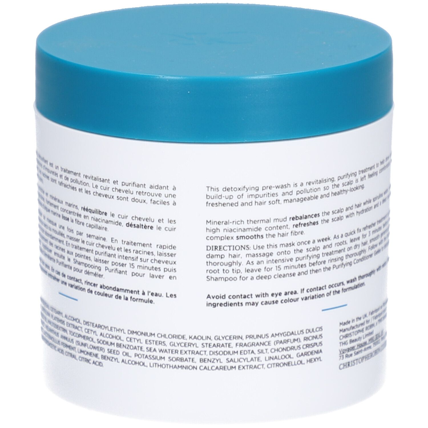 Rückseite des weißen Tiegels mit blauem Deckel. Text über Inhaltsstoffe und Anwendung. Herstellerangaben.