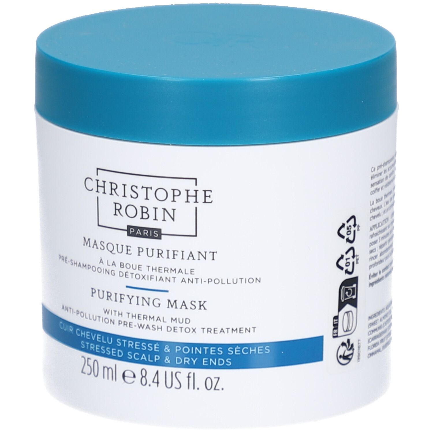 Weißer Tiegel mit blauem Deckel. Aufschrift: Christophe Robin, Masque Purifiant, Purifying Mask. 250 ml. Recycling-Symbole.