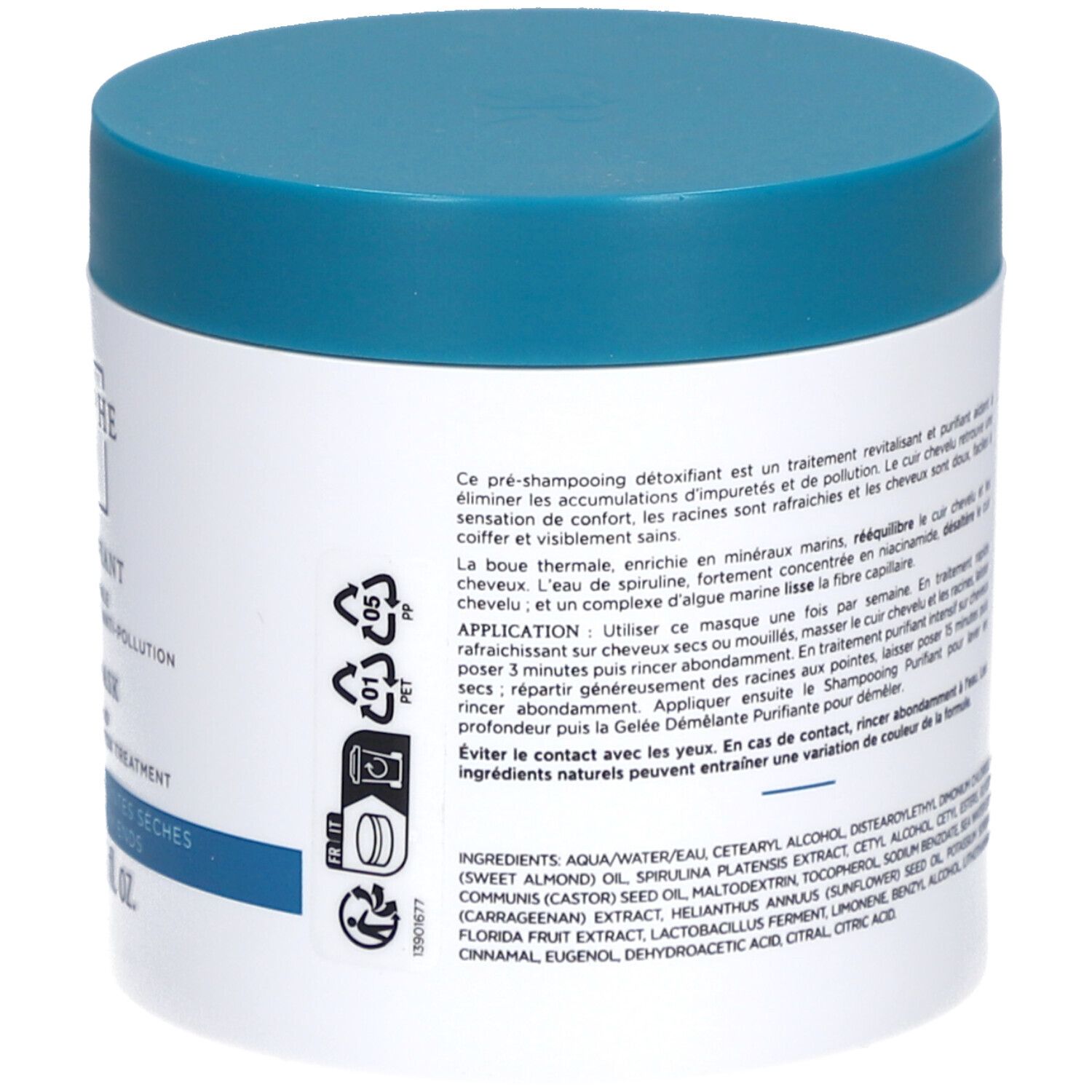 Rückseite des weißen Tiegels mit blauem Deckel. Text über Anwendung und Inhaltsstoffe. Recycling-Symbole.