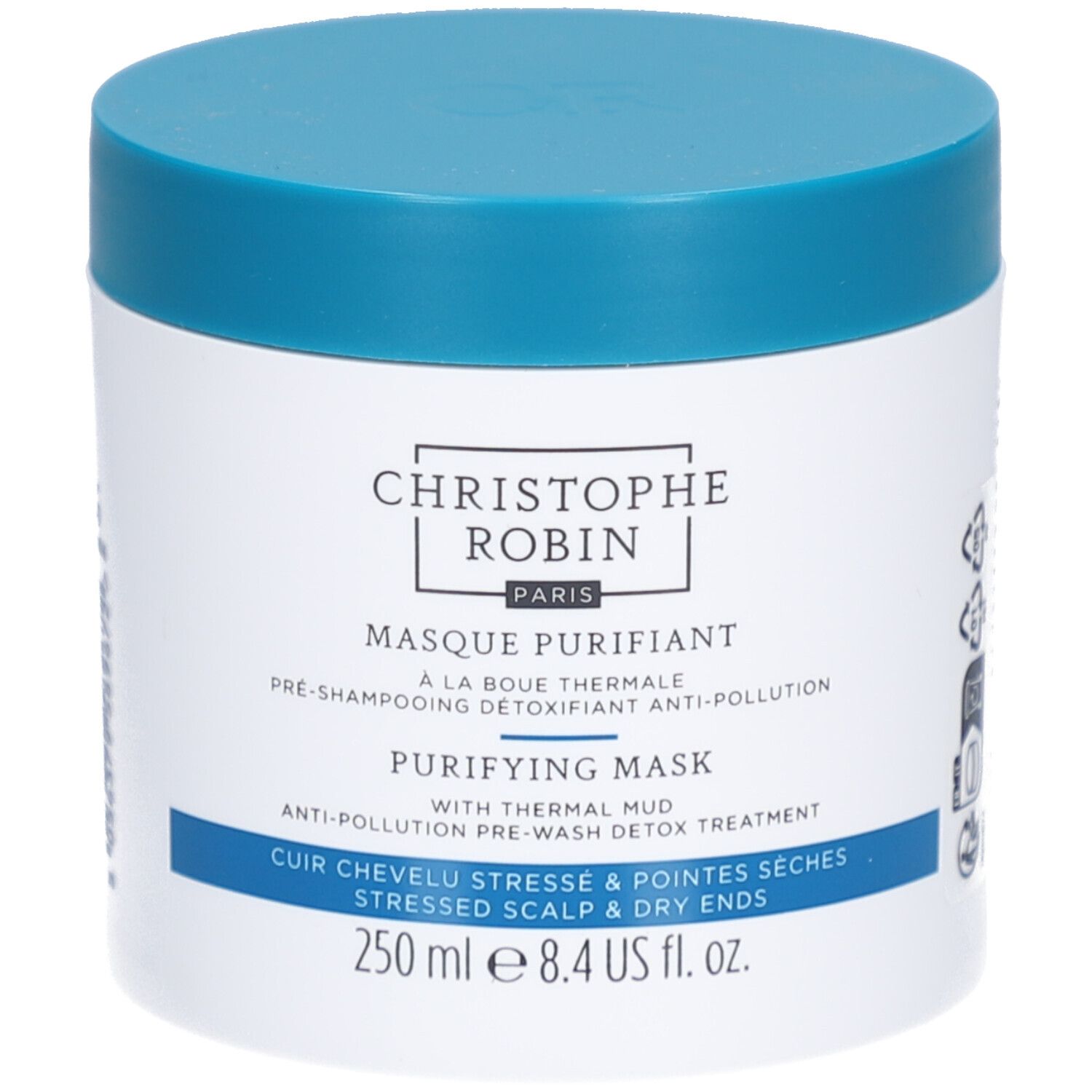 Weißer Tiegel mit blauem Deckel. Aufschrift: Christophe Robin, Masque Purifiant, Purifying Mask. 250 ml.