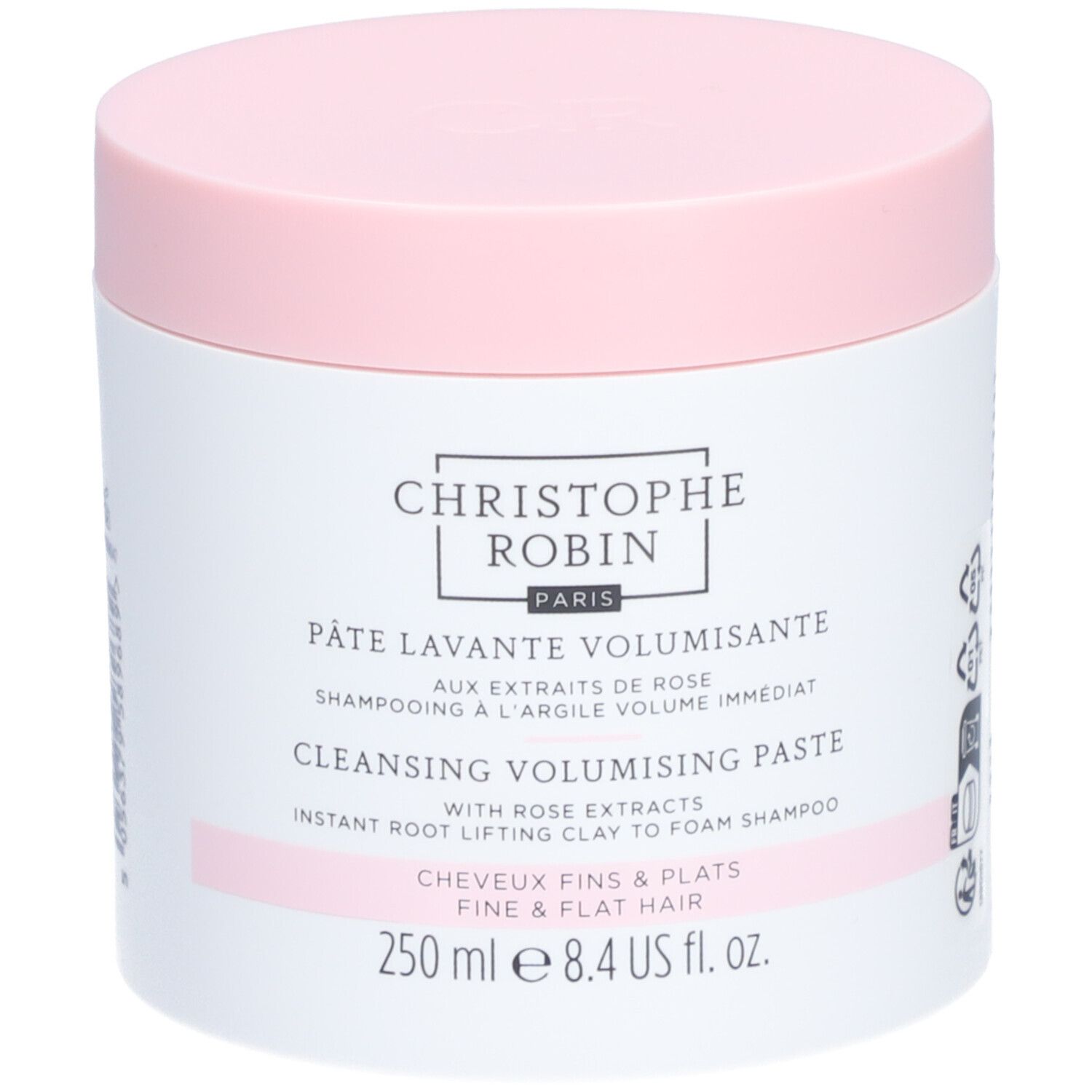 Pot blanc et couvercle rose. Inscription: Christophe Robin Paris, Pâte Lavante Volumisante, 250 ml.