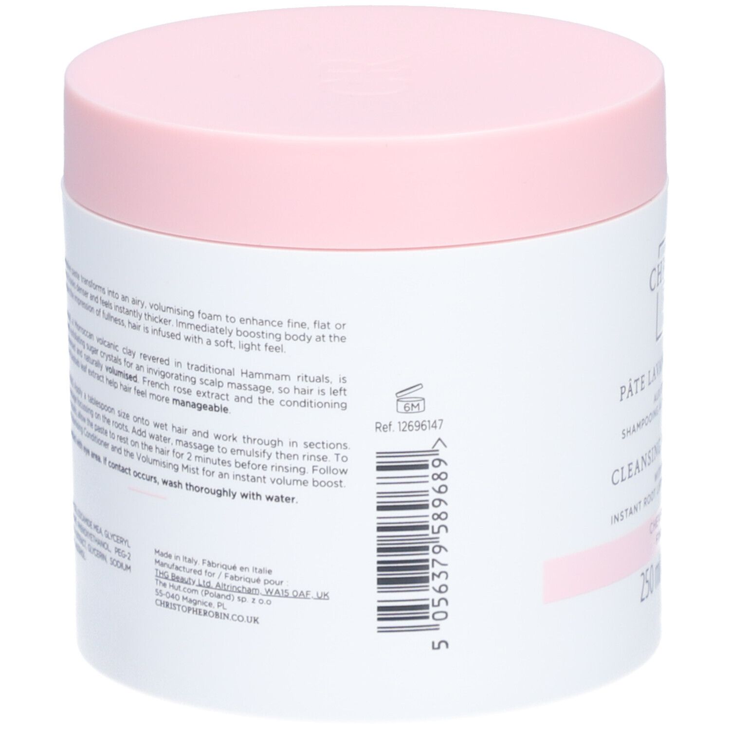 Pot blanc et couvercle rose. Texte sur le côté. Code-barres et Ref. 12696147.