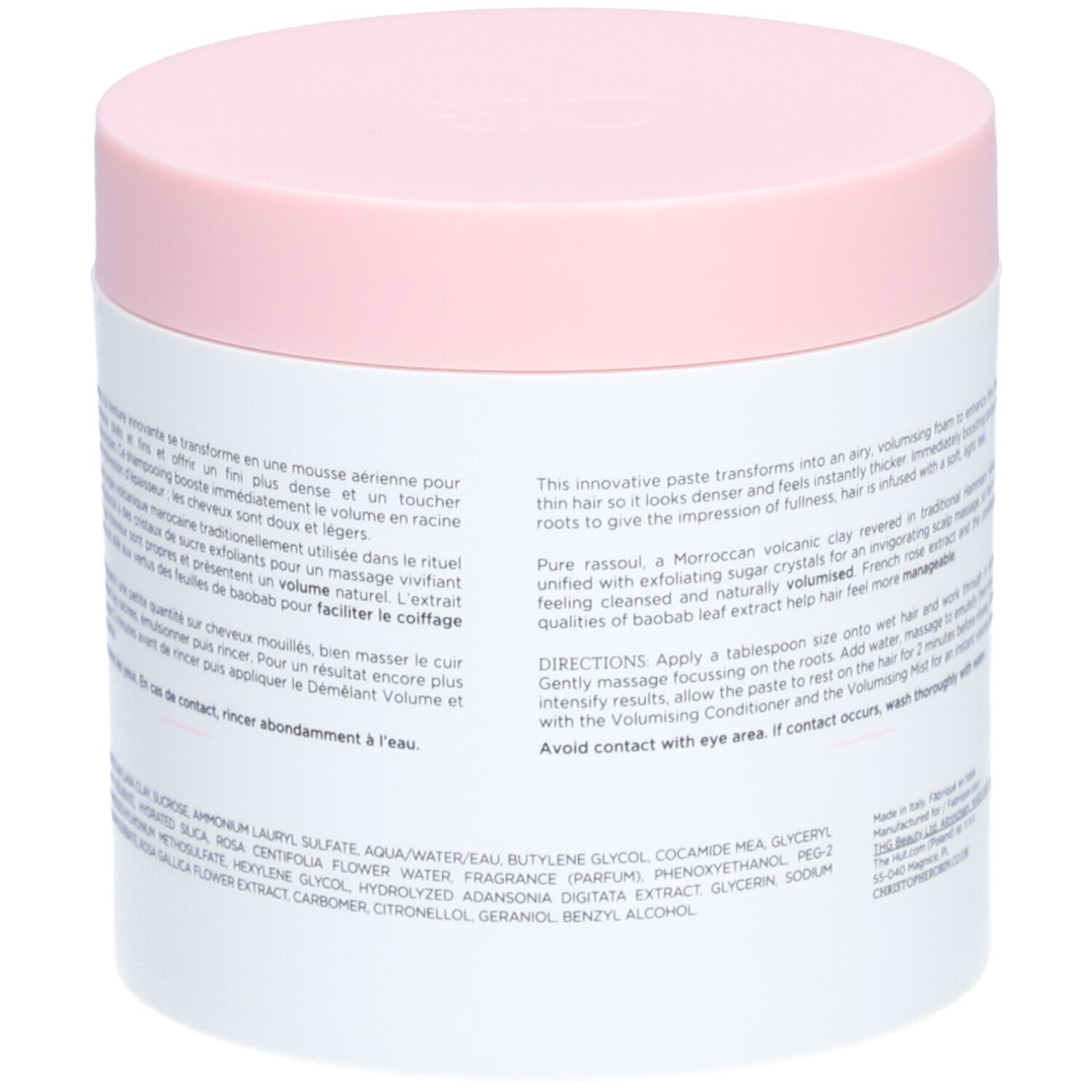Pot blanc et couvercle rose. Texte sur le côté. Ingrédients et instructions d'utilisation.