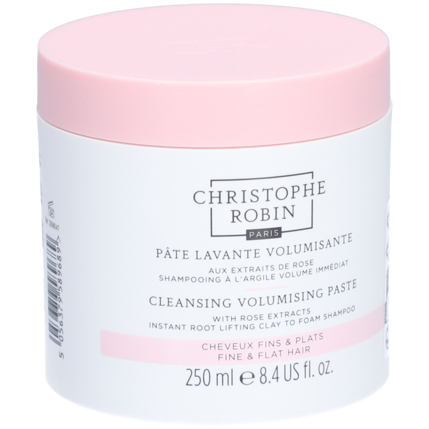 Pot blanc et couvercle rose. Inscription: Christophe Robin Paris, Pâte Lavante Volumisante, 250 ml.