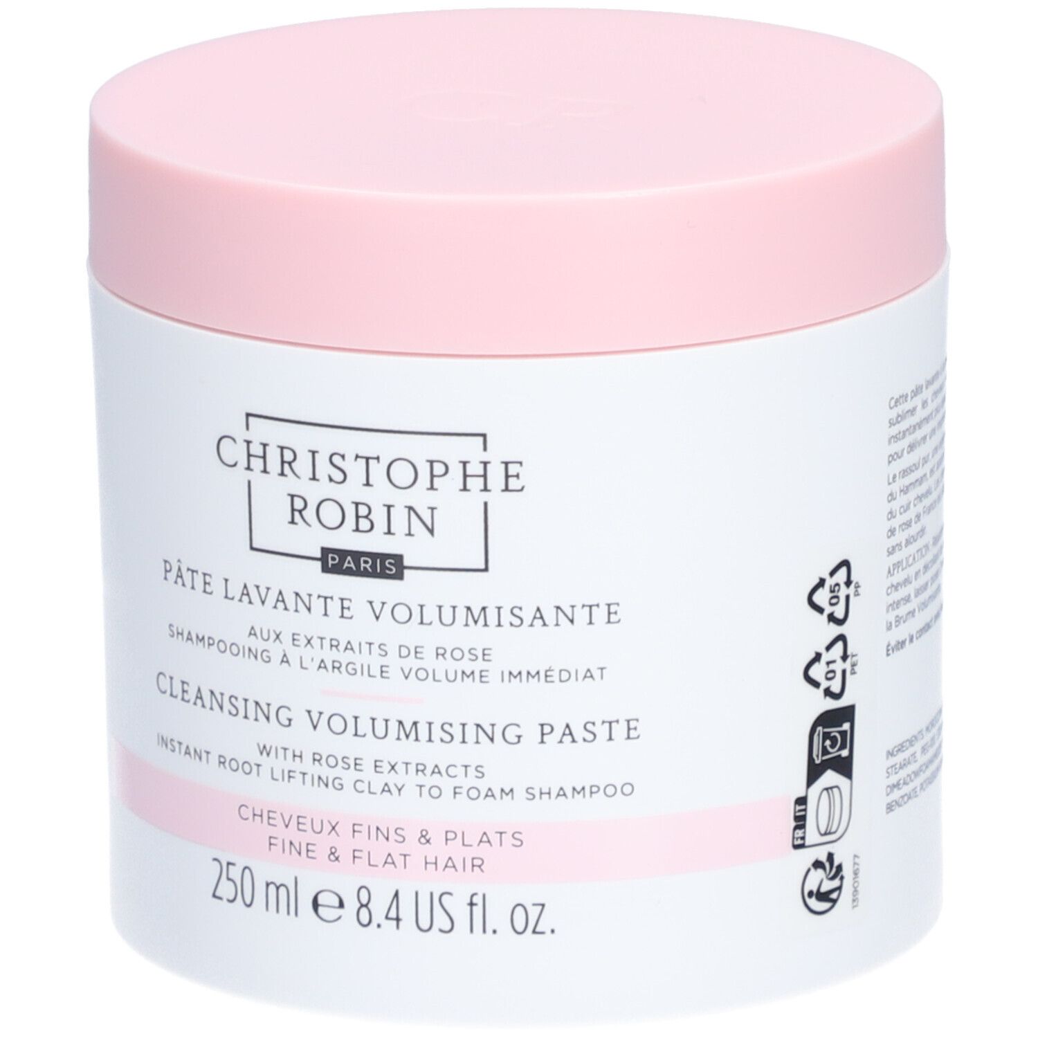 Pot blanc et couvercle rose. Inscription: Christophe Robin Paris, Pâte Lavante Volumisante, 250 ml. Avec symboles de recyclage.