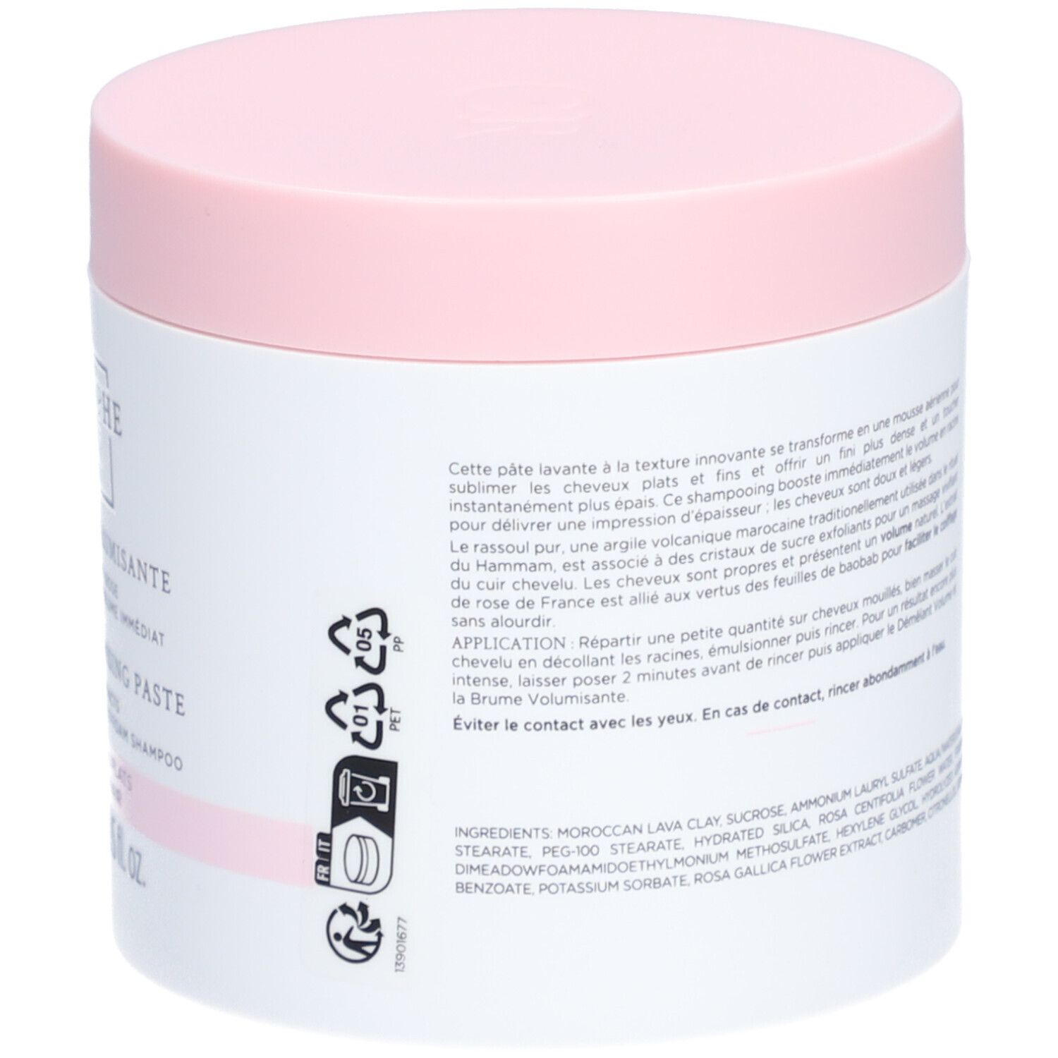 Pot blanc et couvercle rose. Texte sur le côté. Ingrédients, symboles de recyclage.