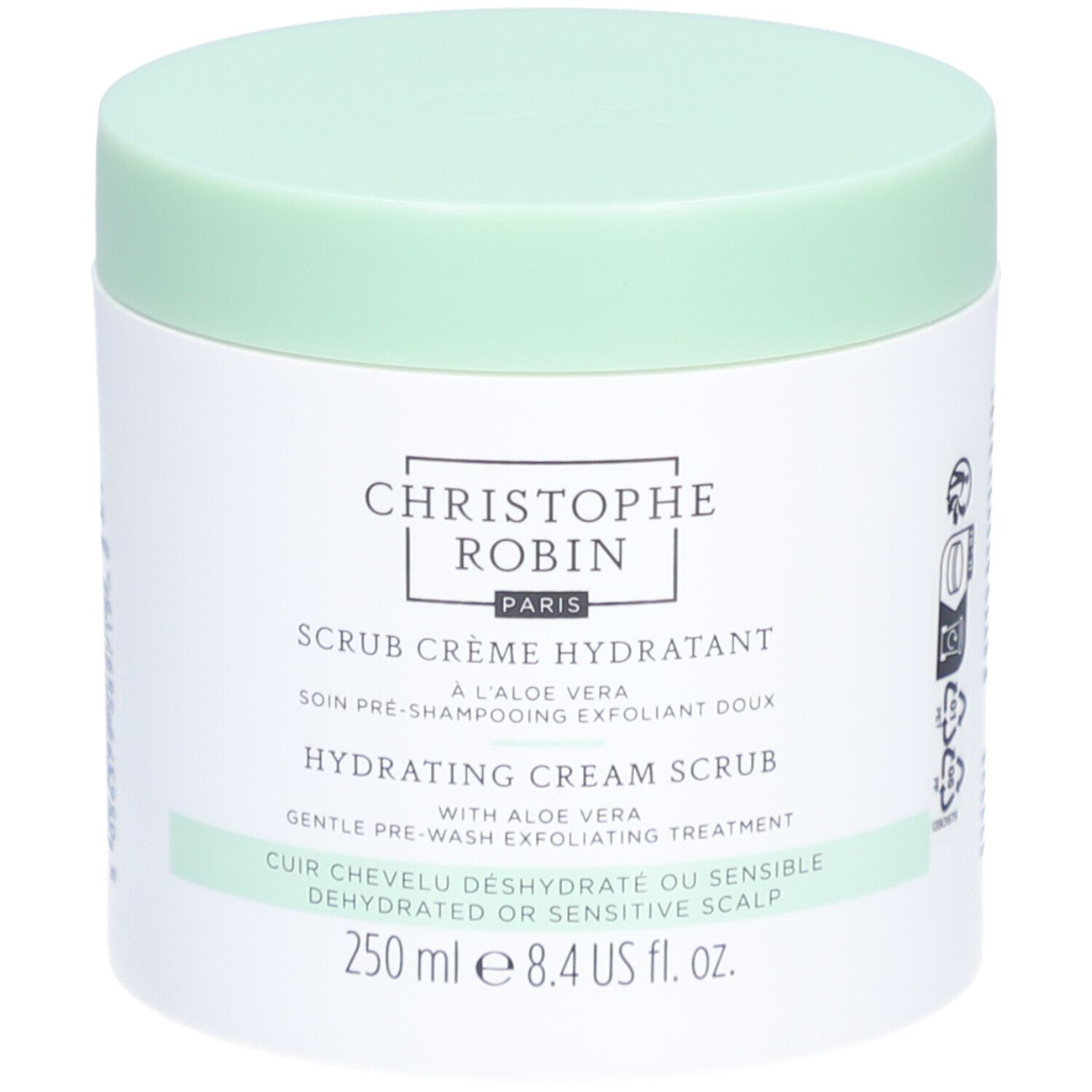 Weißer Tiegel mit hellgrünem Deckel. Aufschrift: CHRISTOPHE ROBIN PARIS, Scrub Crème Hydratant, 250 ml.