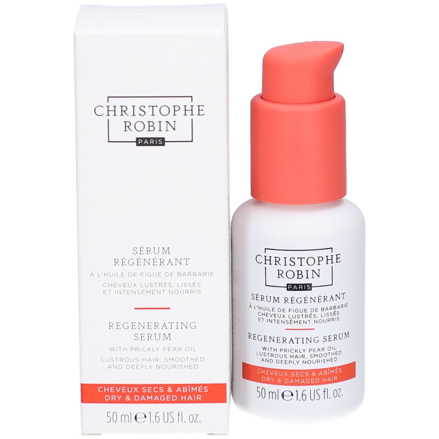 Produktflasche und Verpackung. Weißer Karton mit Flasche. Aufschrift: CHRISTOPHE ROBIN PARIS, Serum Régénérant.