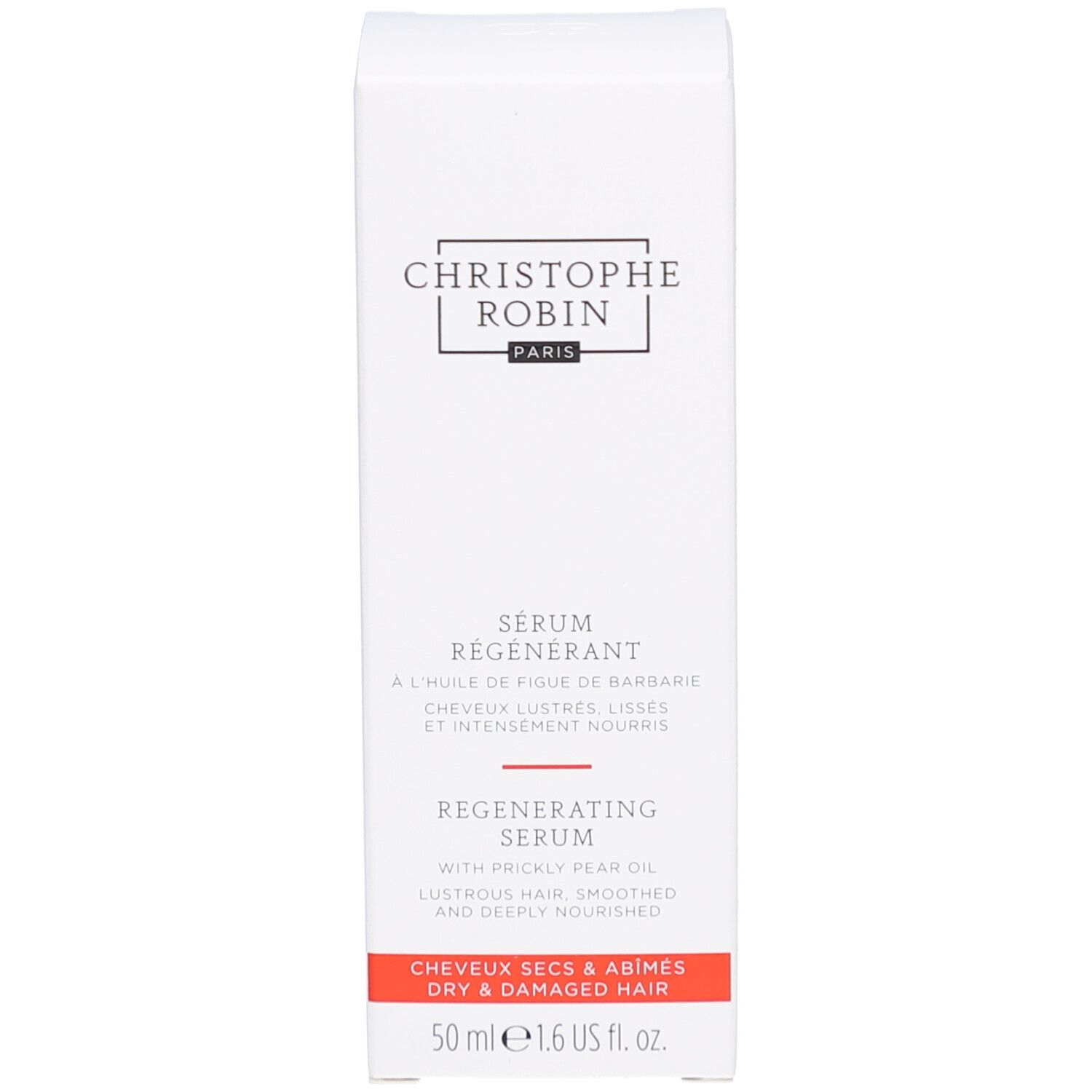 Weißer Karton mit Aufschrift: CHRISTOPHE ROBIN PARIS, Serum Régénérant, Regenerating Serum. Roter Streifen unten.