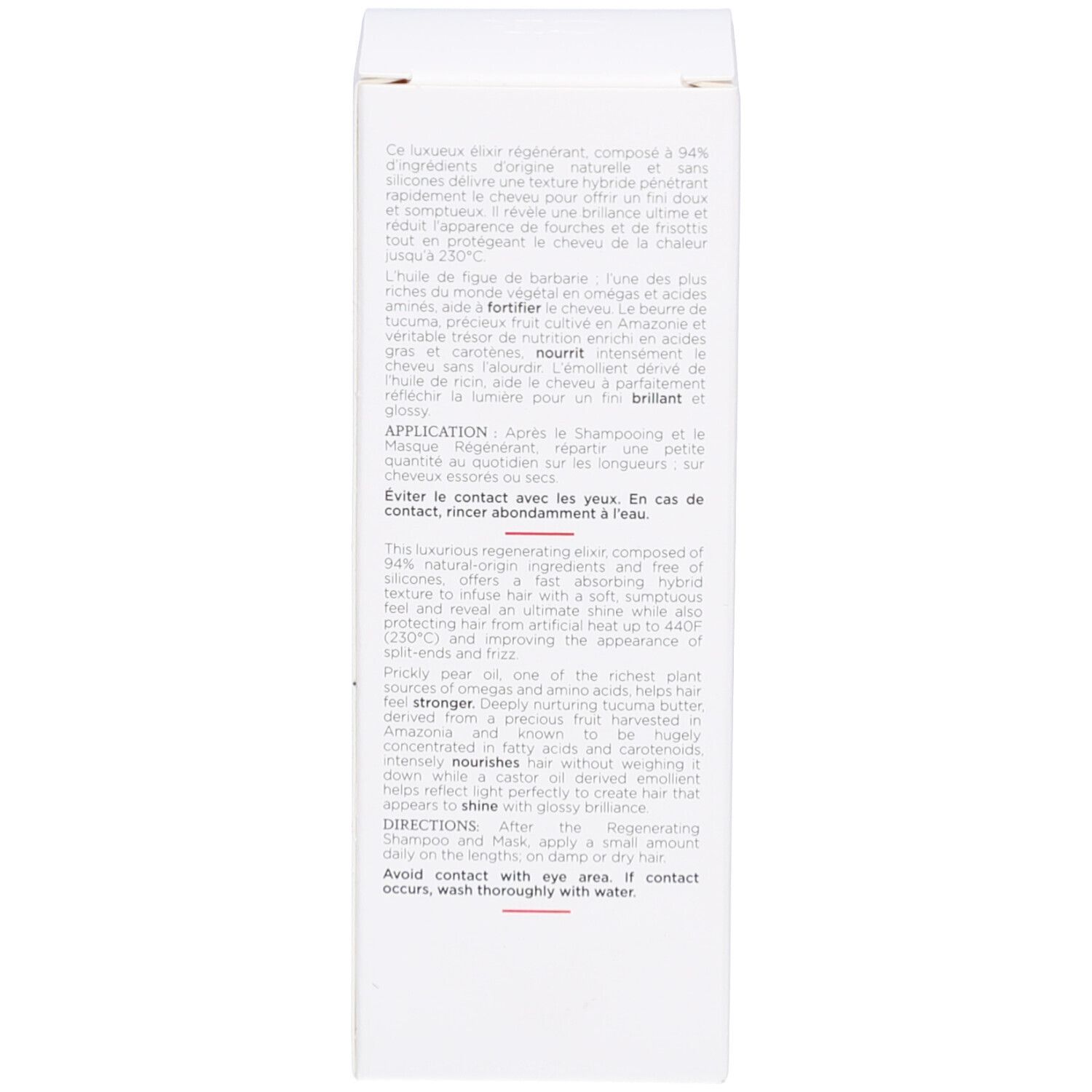 Innenseite des weißen Kartons. Text in französischer und englischer Sprache. Produktbeschreibung.