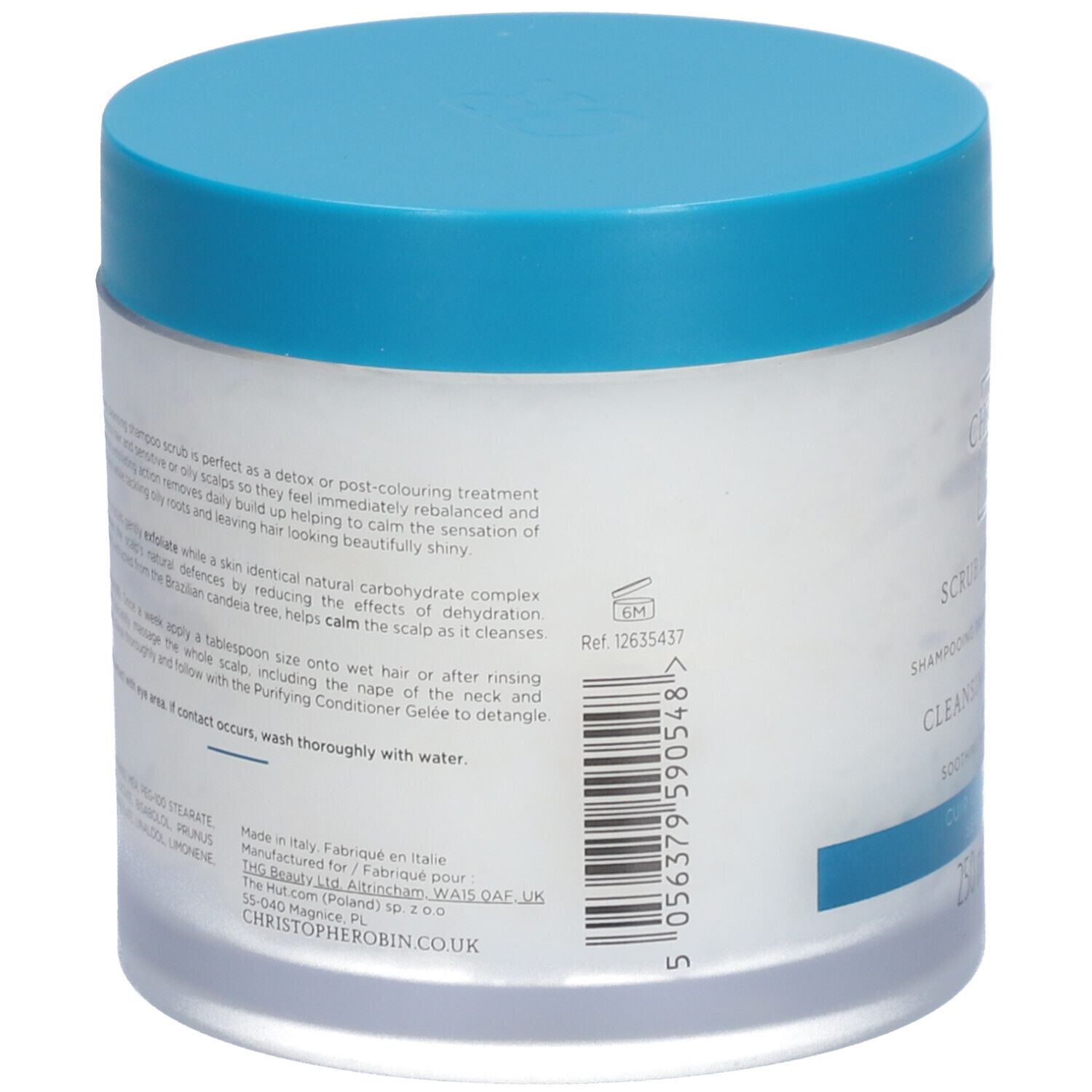 Dos du pot avec couvercle bleu. Informations textuelles et code-barres.