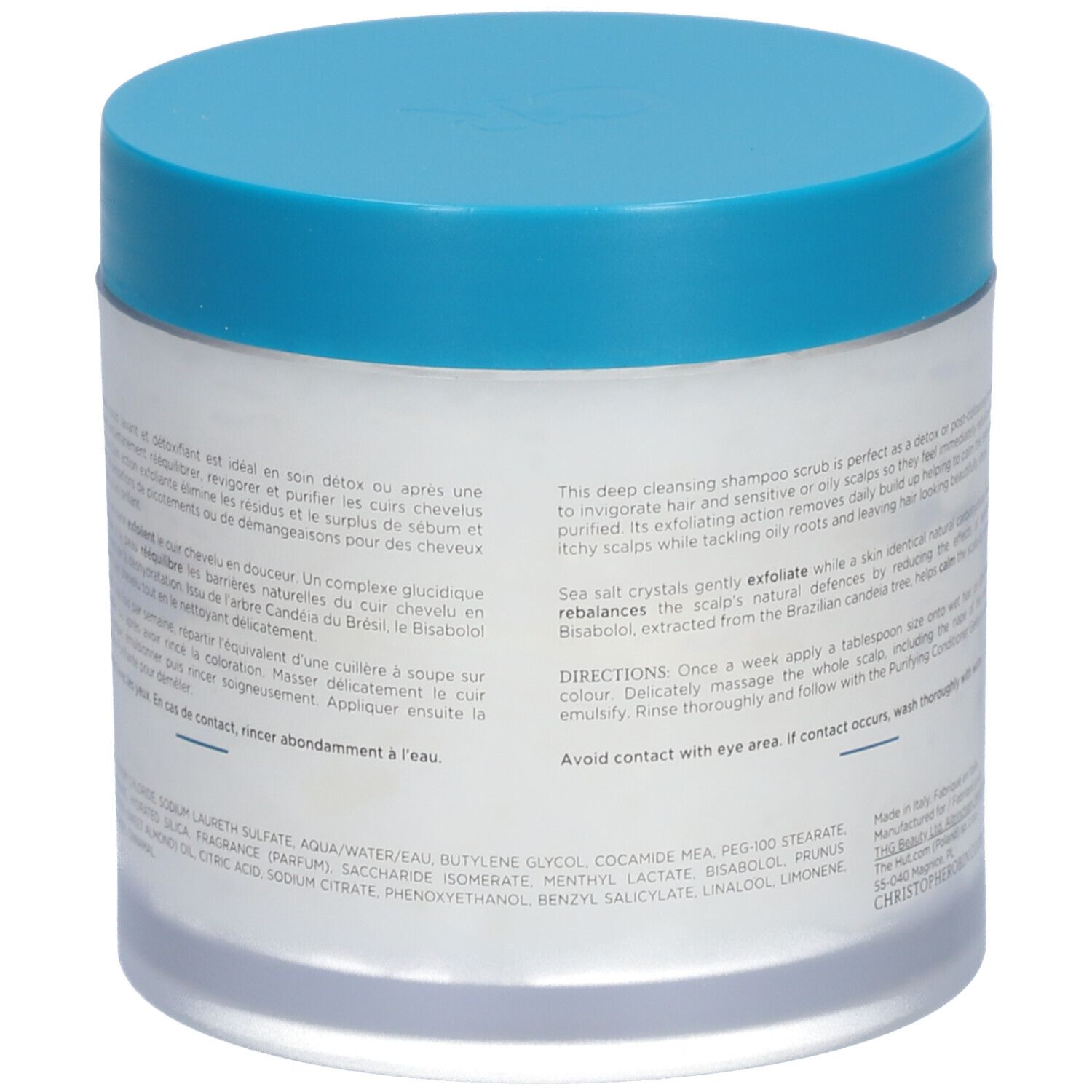 Dos du pot avec couvercle bleu. Informations textuelles et ingrédients.