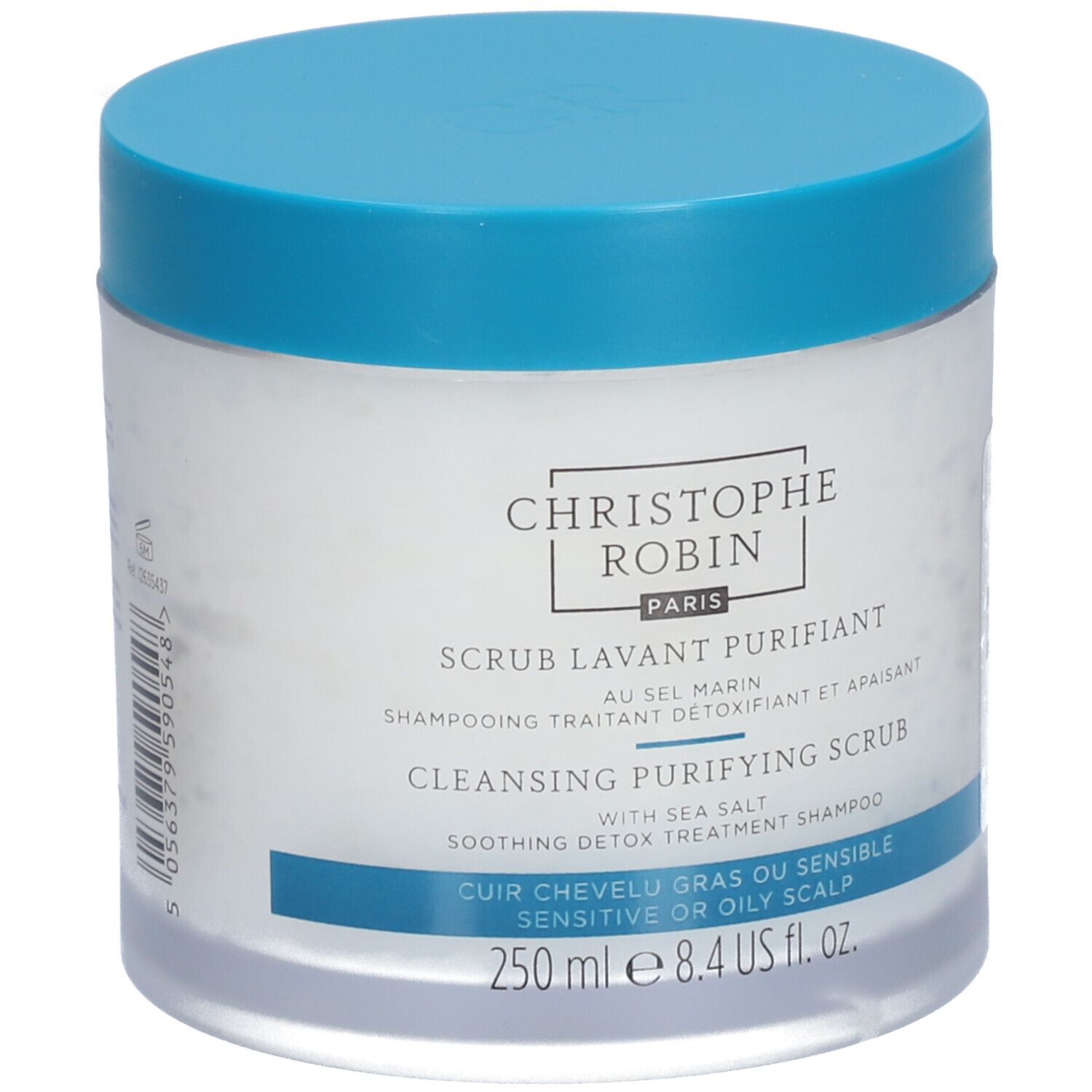 Pot rond bleu et blanc. Inscriptions: CHRISTOPHE ROBIN PARIS, Scrub lavant purifiant, et autres informations.