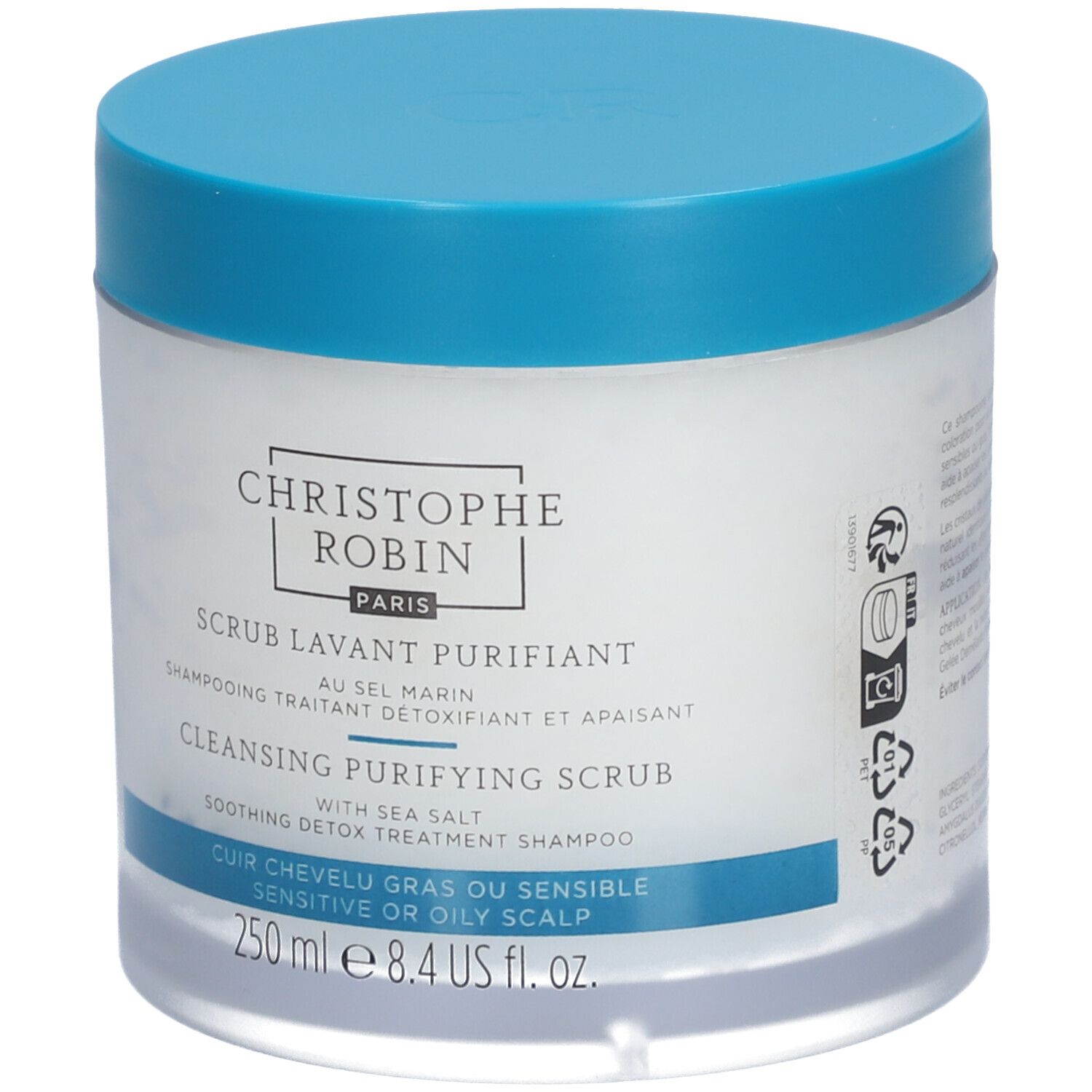 Pot rond bleu et blanc. Inscriptions: CHRISTOPHE ROBIN PARIS, Scrub lavant purifiant, et autres informations.