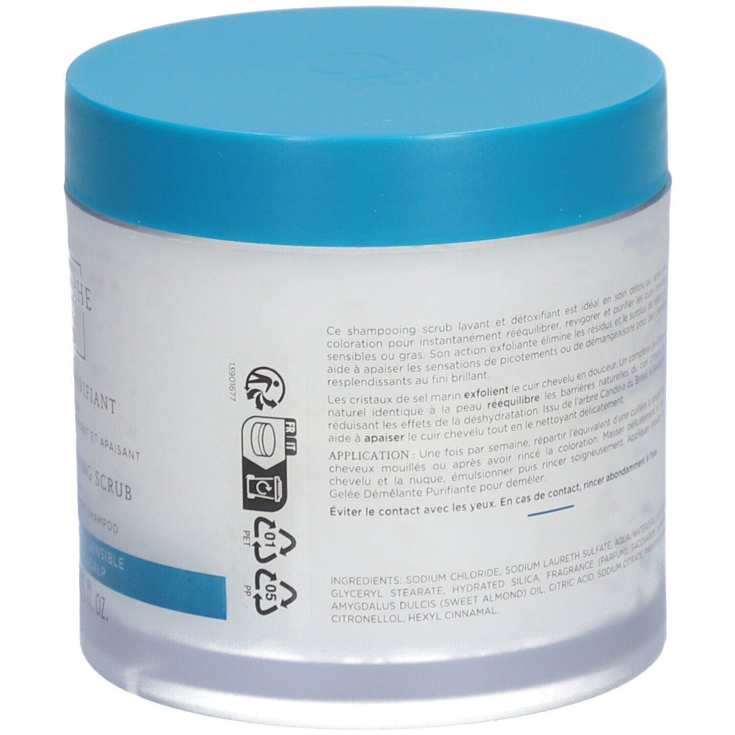 Dos du pot avec couvercle bleu. Informations textuelles, ingrédients et symboles de recyclage.