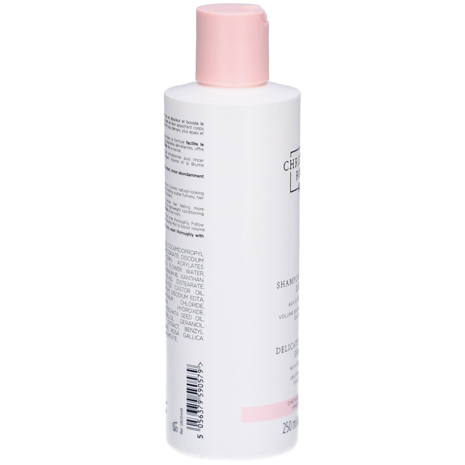 Weiße Shampoo-Flasche mit rosa Verschluss und Etikett, 250ml.
