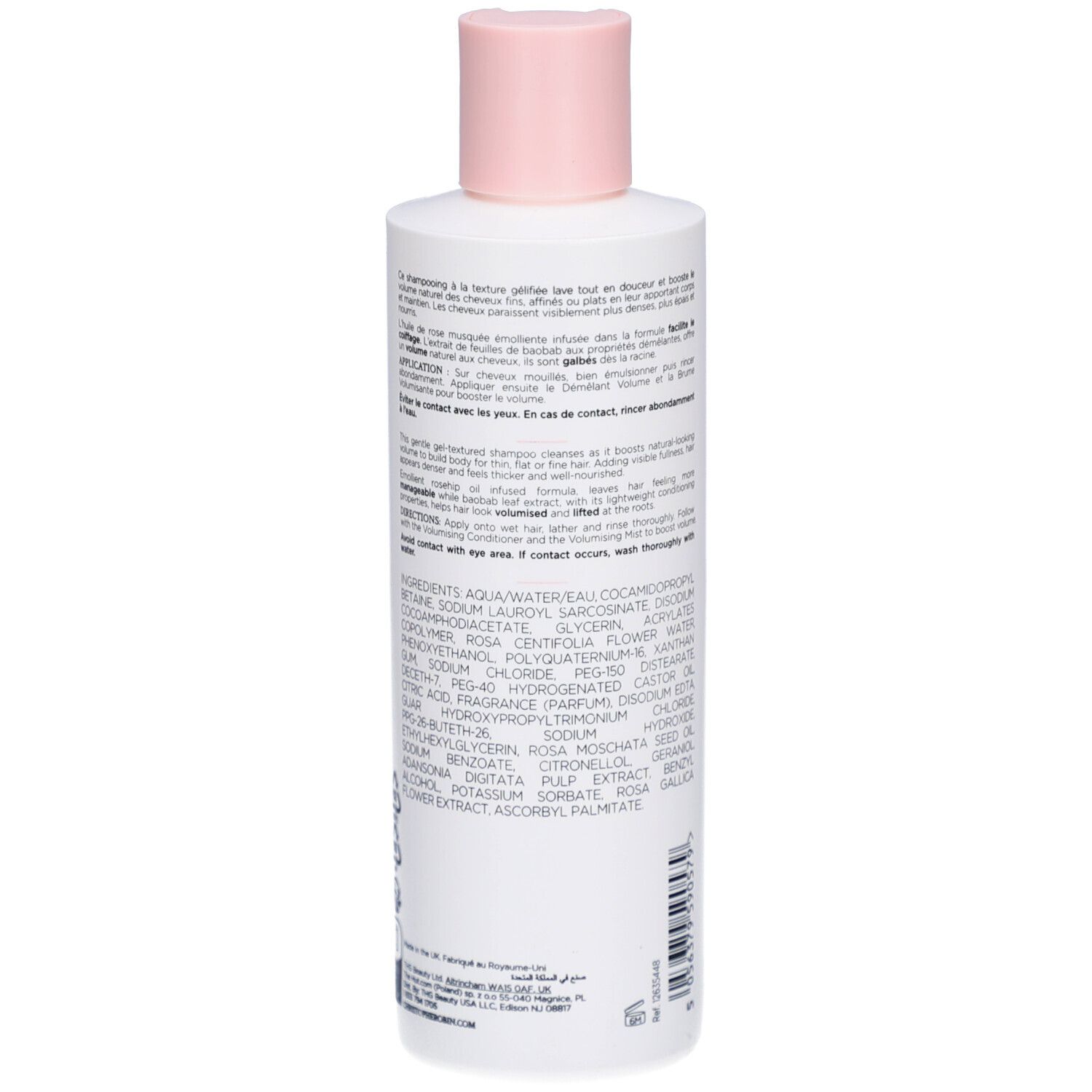 Weiße Flasche mit rosa Verschluss, Rückseite mit Text.