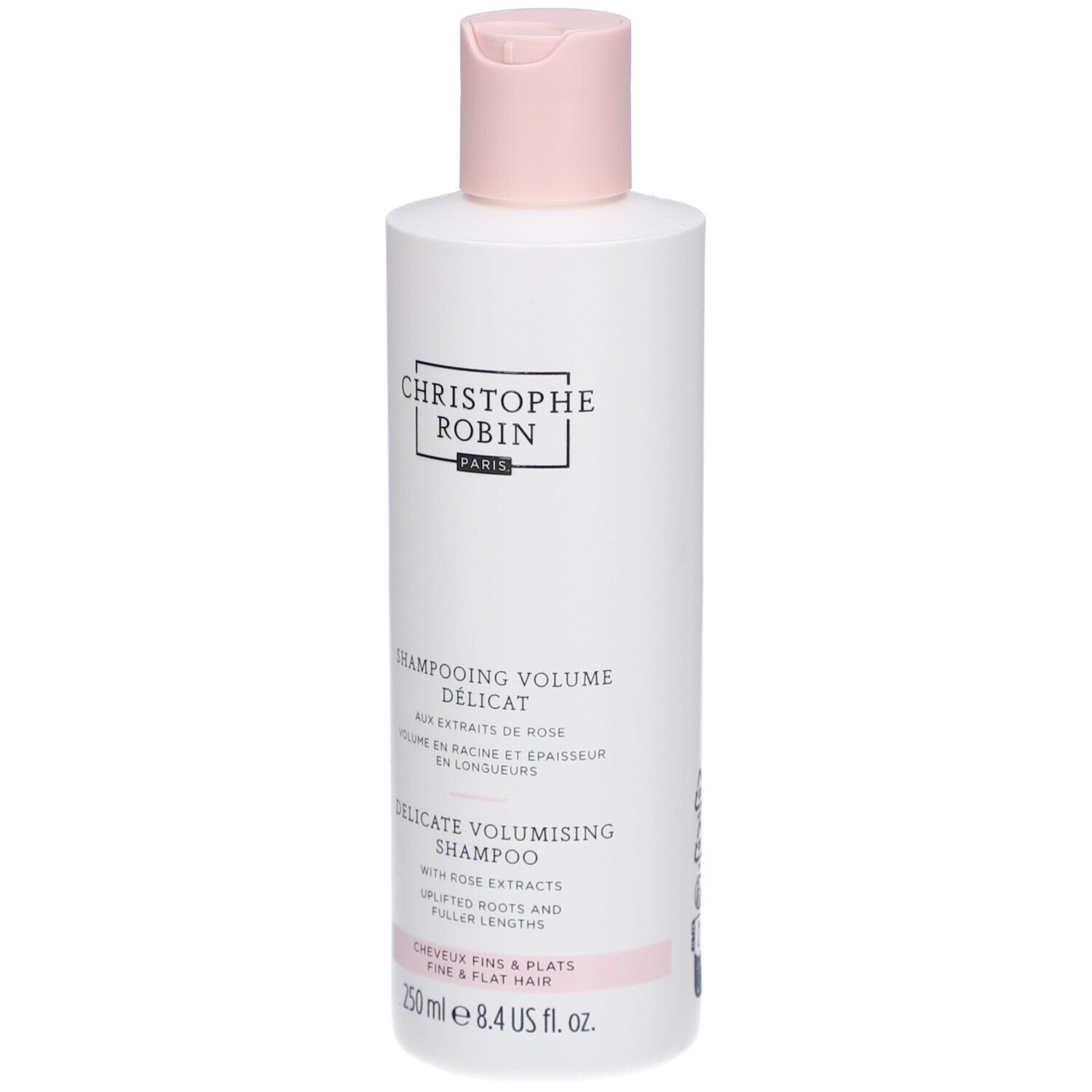 Weiße Flasche Christophe Robin Delicate Volumising Shampoo mit rosa Klappdeckel. 250 ml.