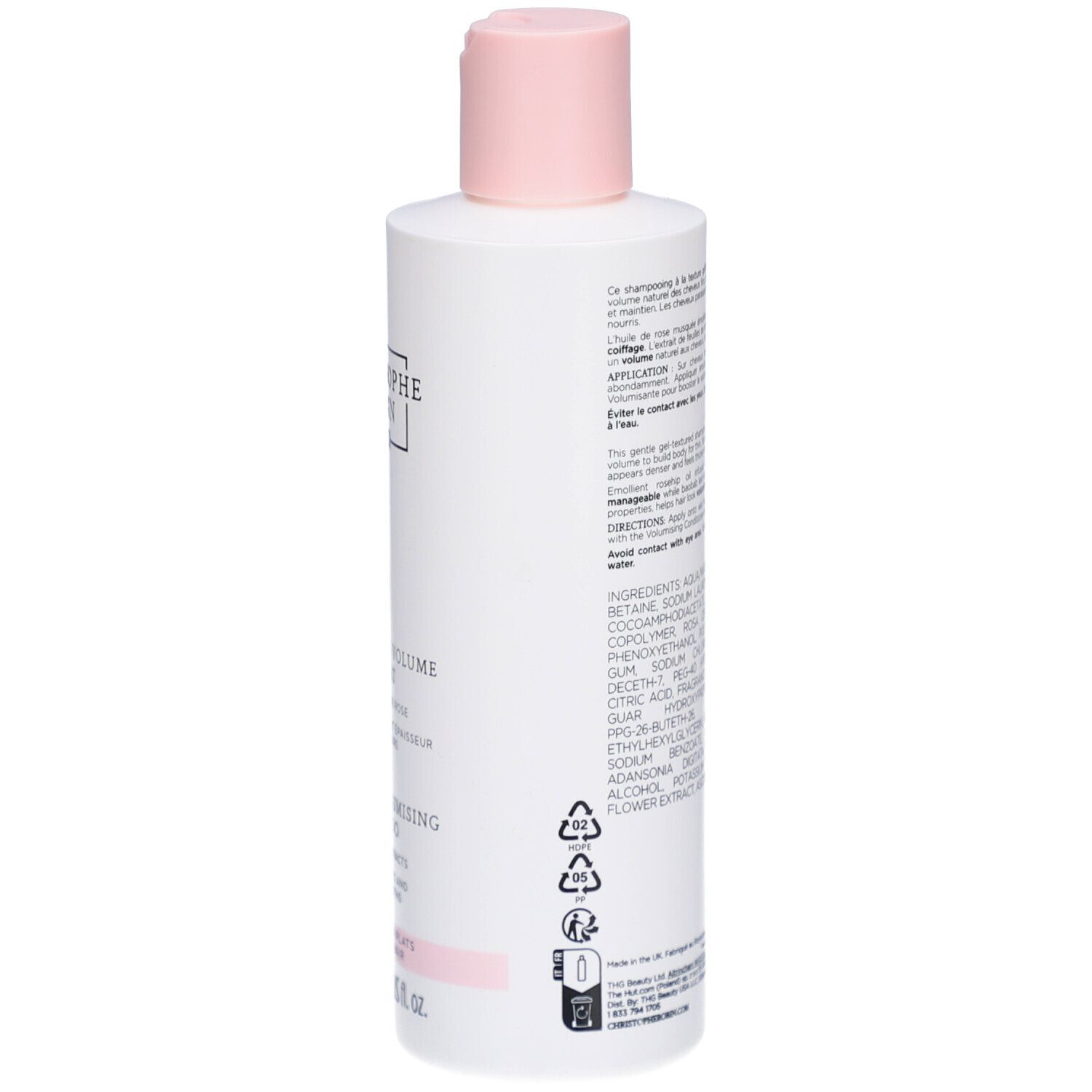 Weiße Flasche mit rosa Verschluss, 250ml. Enthält Inhaltsstoffe und Anwendungshinweise.