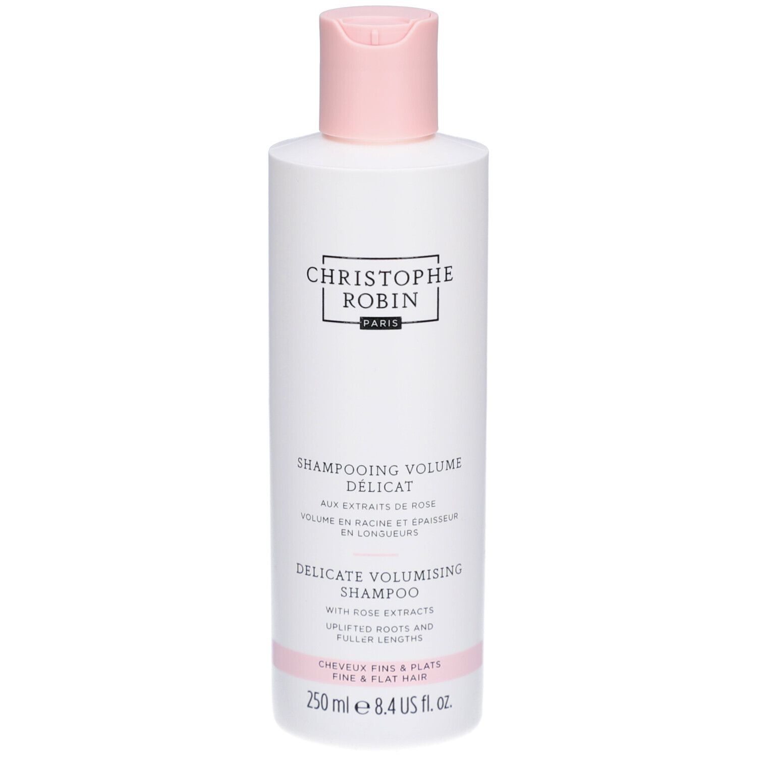 Weiße Flasche Christophe Robin Delicate Volumising Shampoo mit rosa Verschluss. 250 ml.