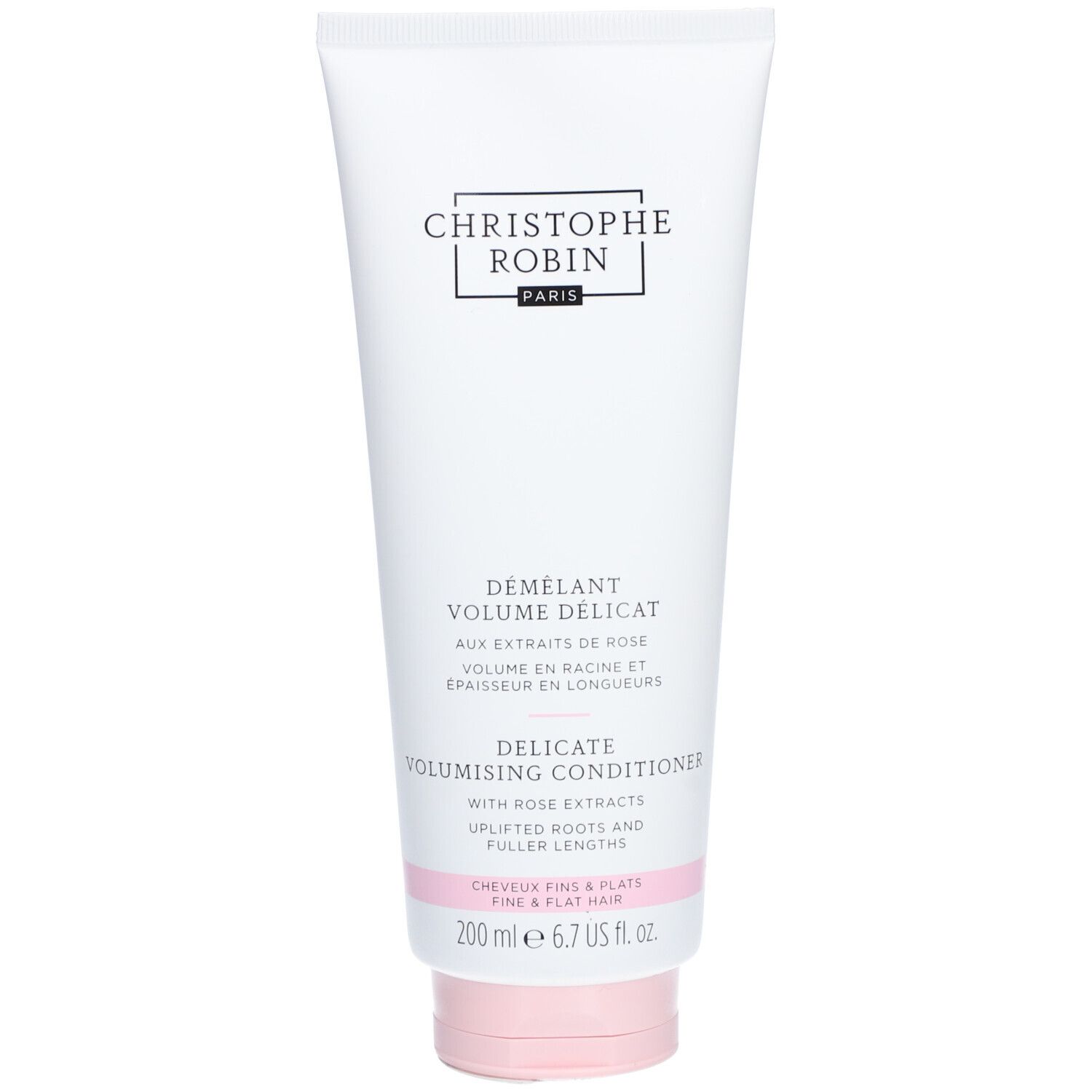 Tube blanc, bouchon rose. Inscription noire: Christophe Robin. Texte: Delicate Volumising Conditioner. 200 ml.