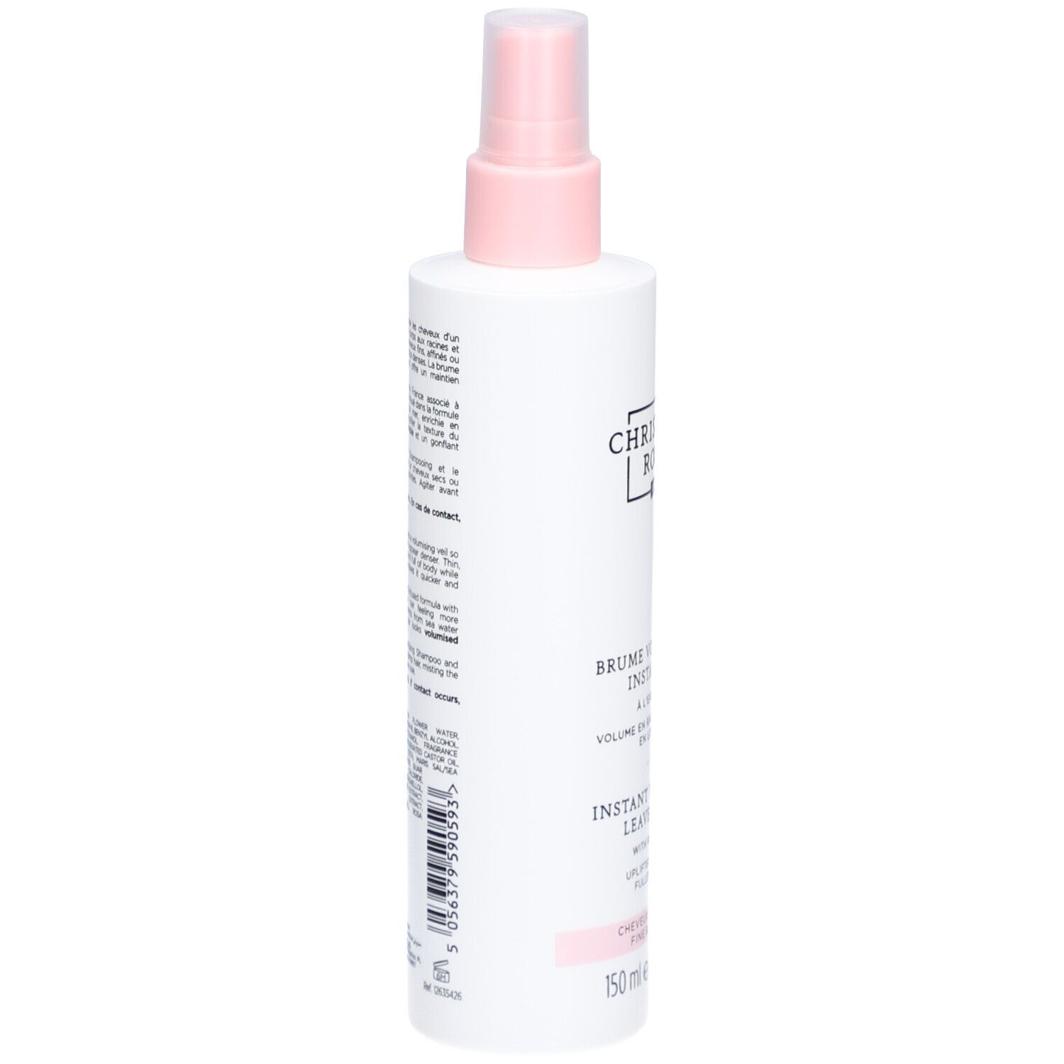 Weiße Sprühflasche mit rosa Pumpsprüher, 150 ml. Beschriftung: CHRISTOPHE ROBIN, BRUME HYDRATANTE.