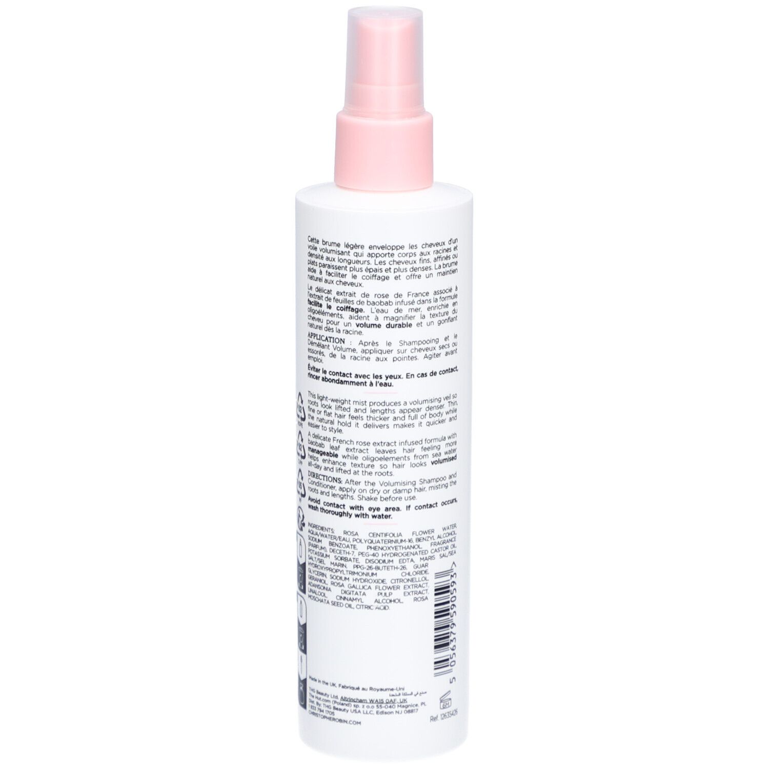 Weiße Sprühflasche mit rosa Pumpsprüher. Enthält Haarpflegeprodukt.