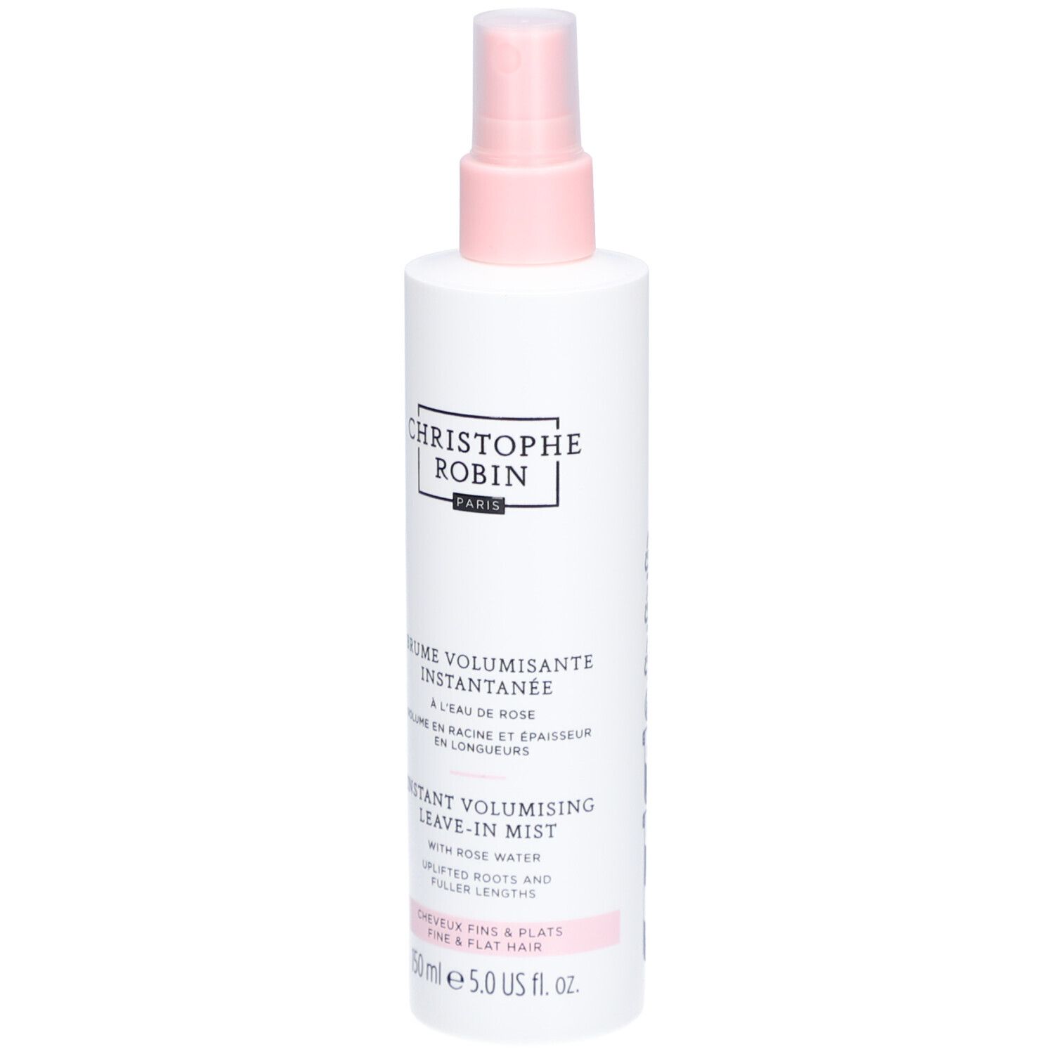 Weiße Sprühflasche mit rosa Sprühkopf. Enthält Christophe Robin Instant Volumizing Leave-In Mist mit Rosenwasser.